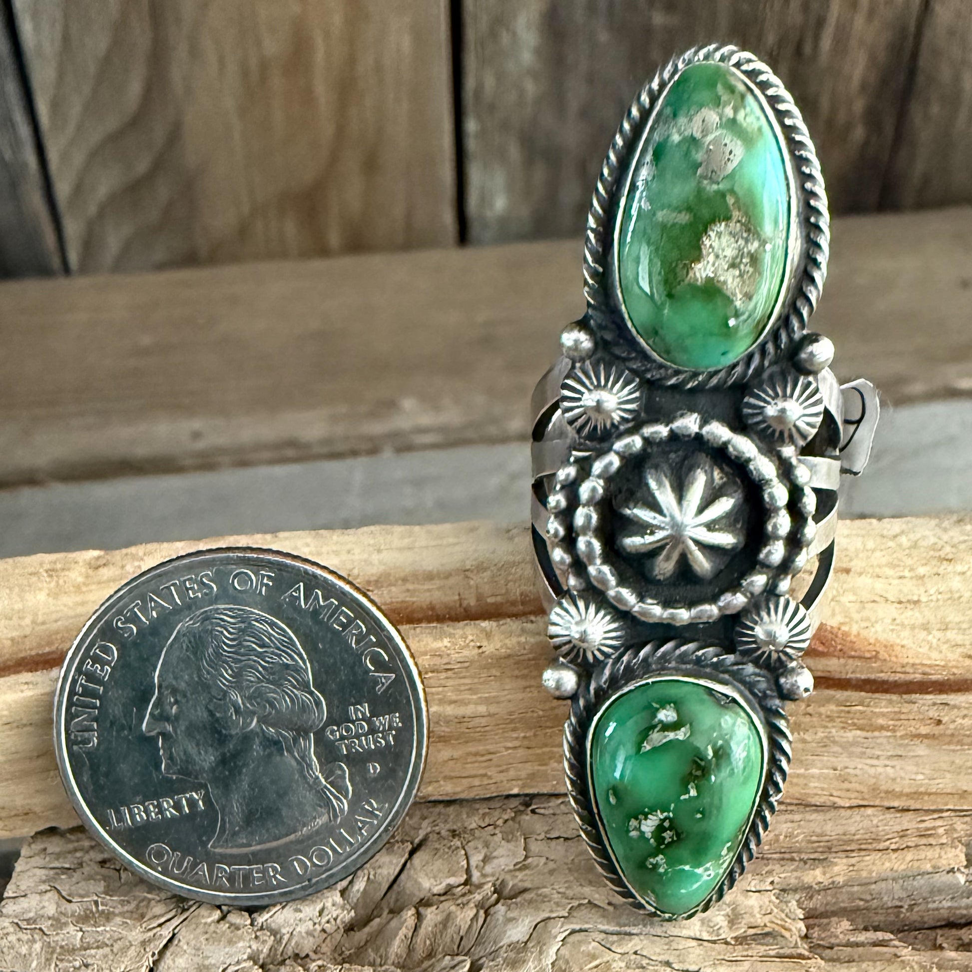 Authentic Native American Handmade Sterling Silver and Sonoran Gold Turquoise Double Stack Ring size 8 1/2.