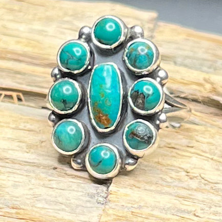 Authentic Native American Handmade Sterling Silver Turquoise Flower Cluster Ring Size 8 1/4.