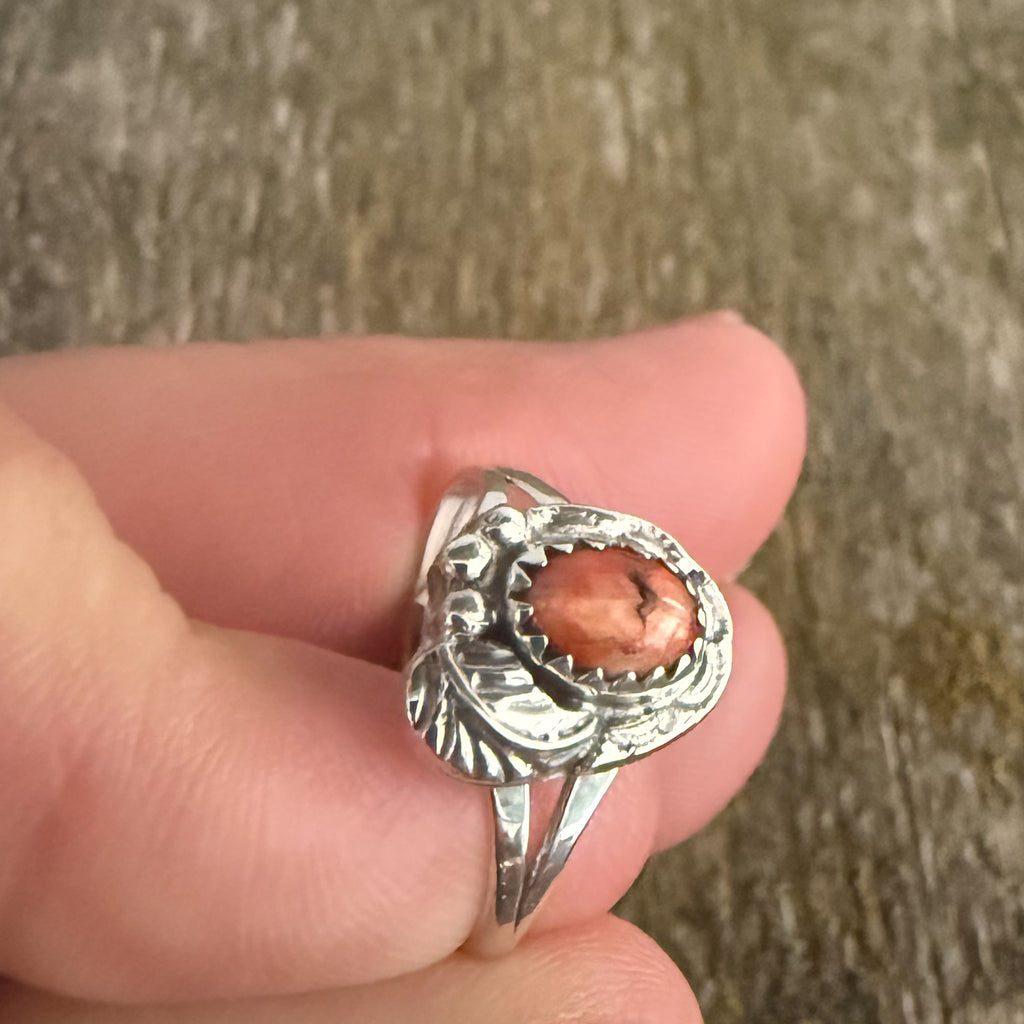 Authentic Native American Handmade Sterling Silver and Orange Spiny Oyster Ring Size 7 1/2.