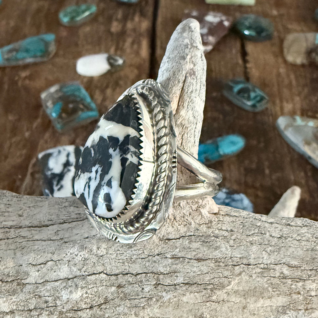 Authentic Native American Handmade Sterling Silver and White Buffalo Adjustable Ring