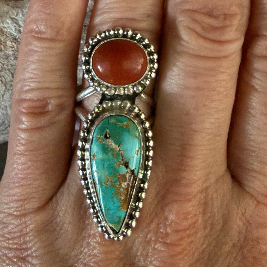 Authentic Native American Handmade Red Jasper and Turquoise Ring Size 7 1/2.