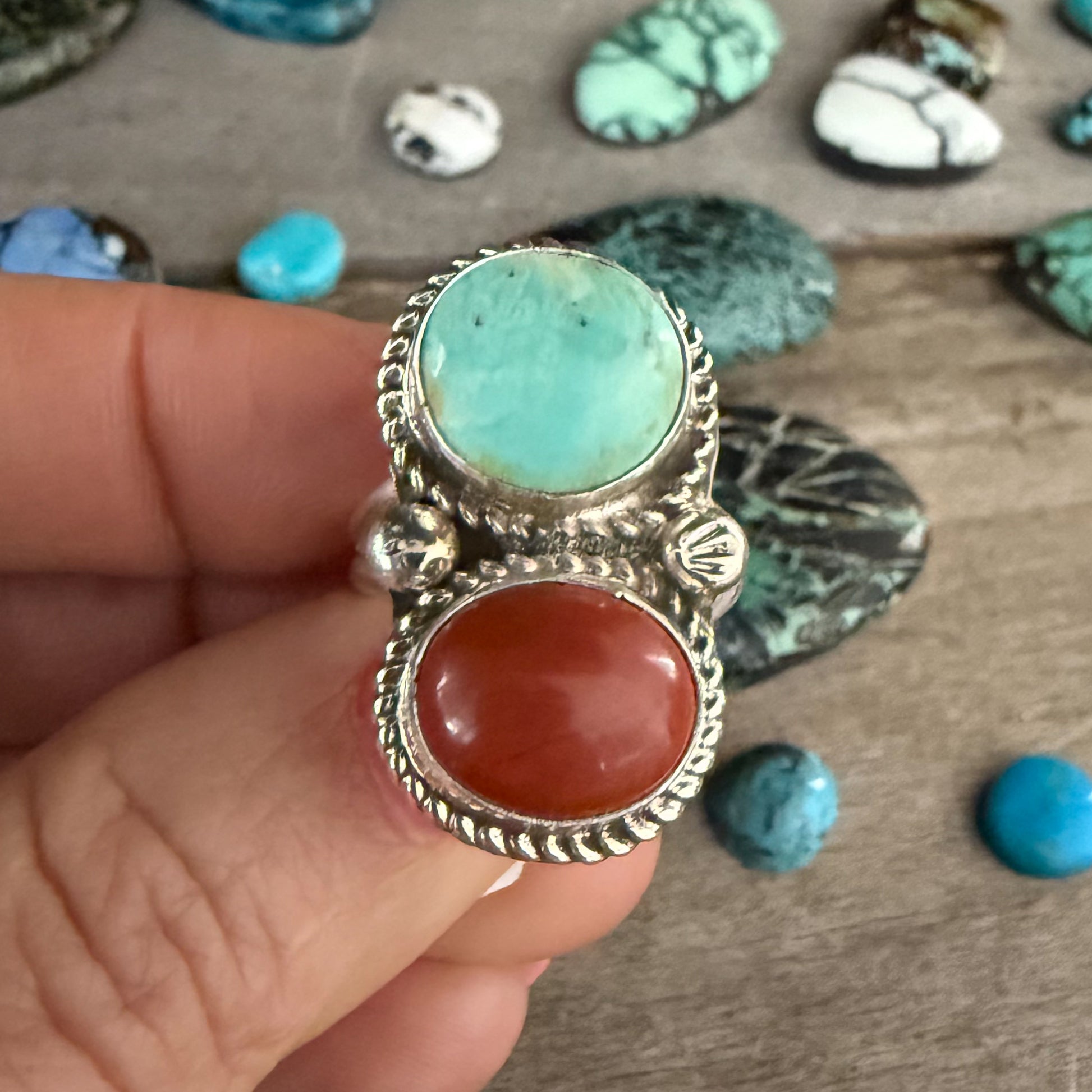 Authentic Native American Handmade Sterling Silver Double Stack Red Jasper and Royston Turquoise Ring size 7 3/4.