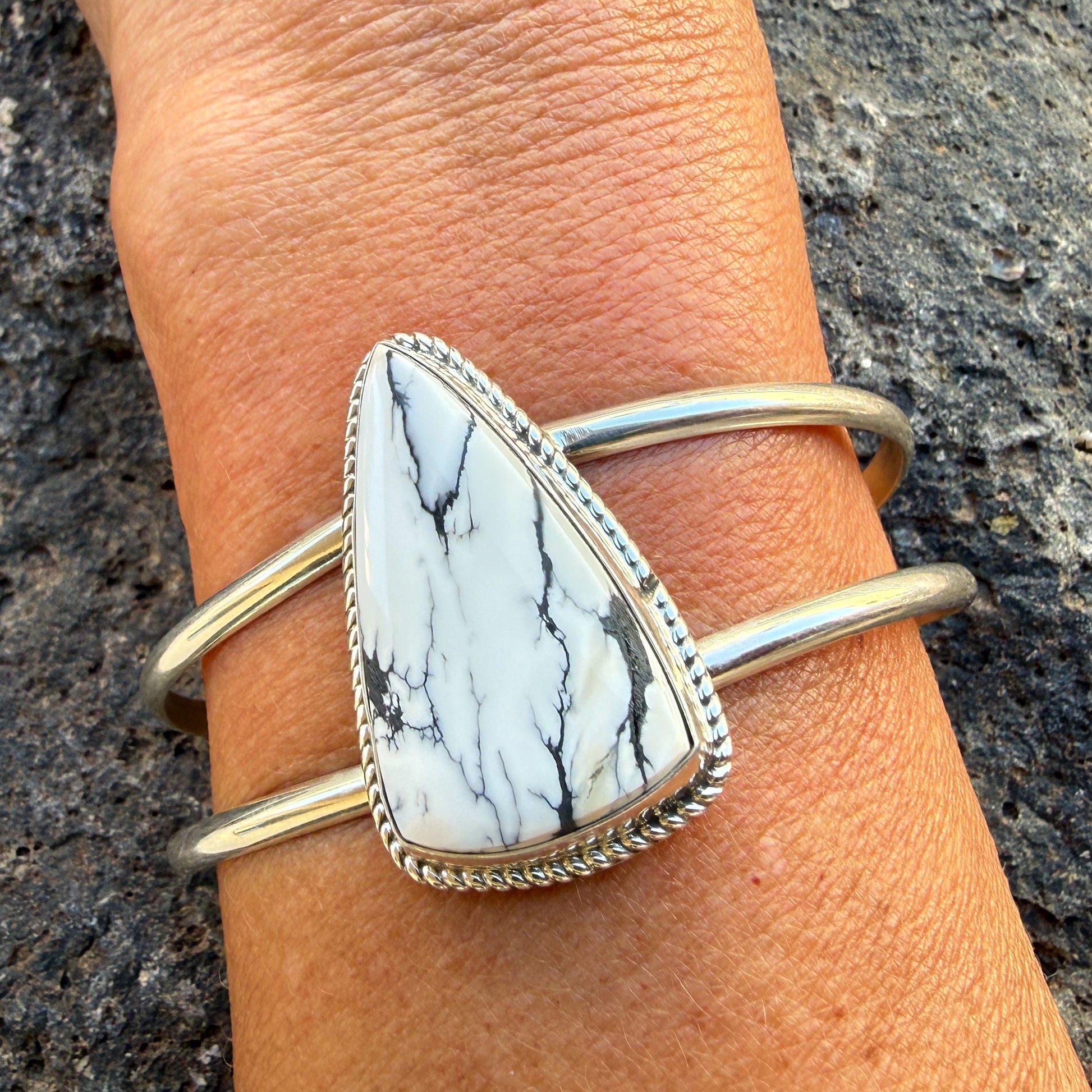 Authentic Native American Handmade Sterling Silver and White Buffalo Cuff Bracelet