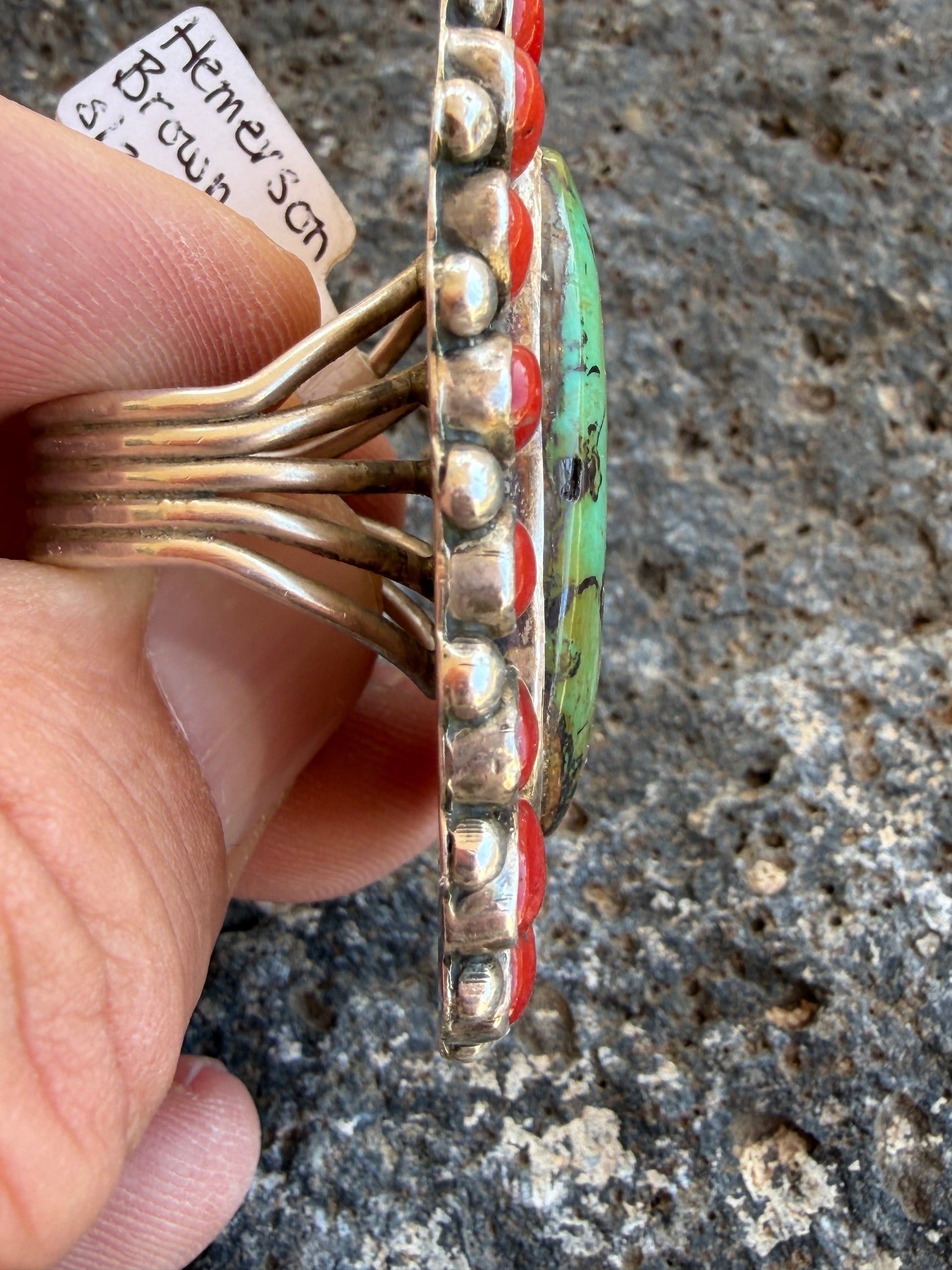 Native American Hemerson Brown Handmade Sterling Silver Coral-Royston Turquoise Ring Size 10