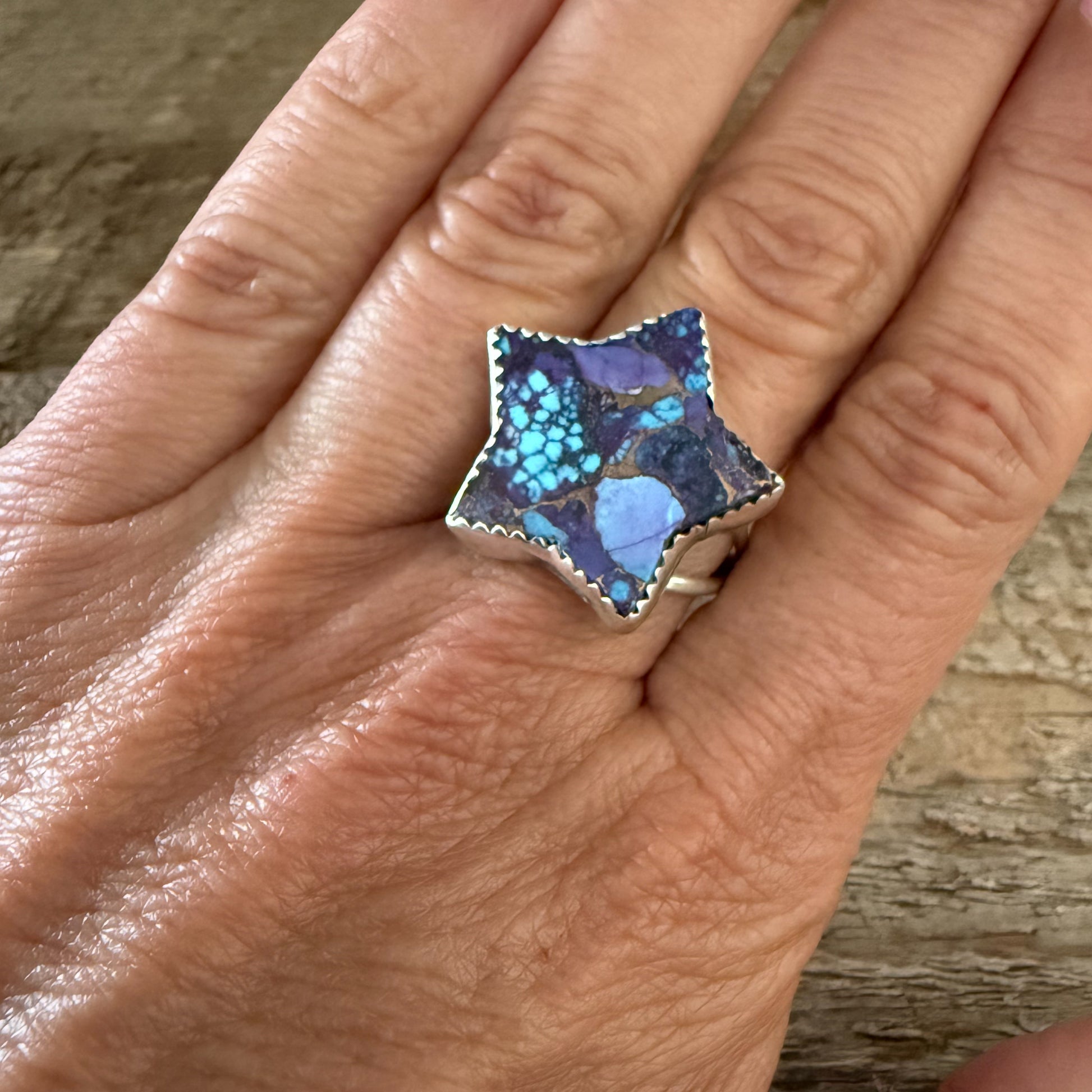 Authentic Native American Handmade Purple Mojave Turquoise Star Ring Size 10.