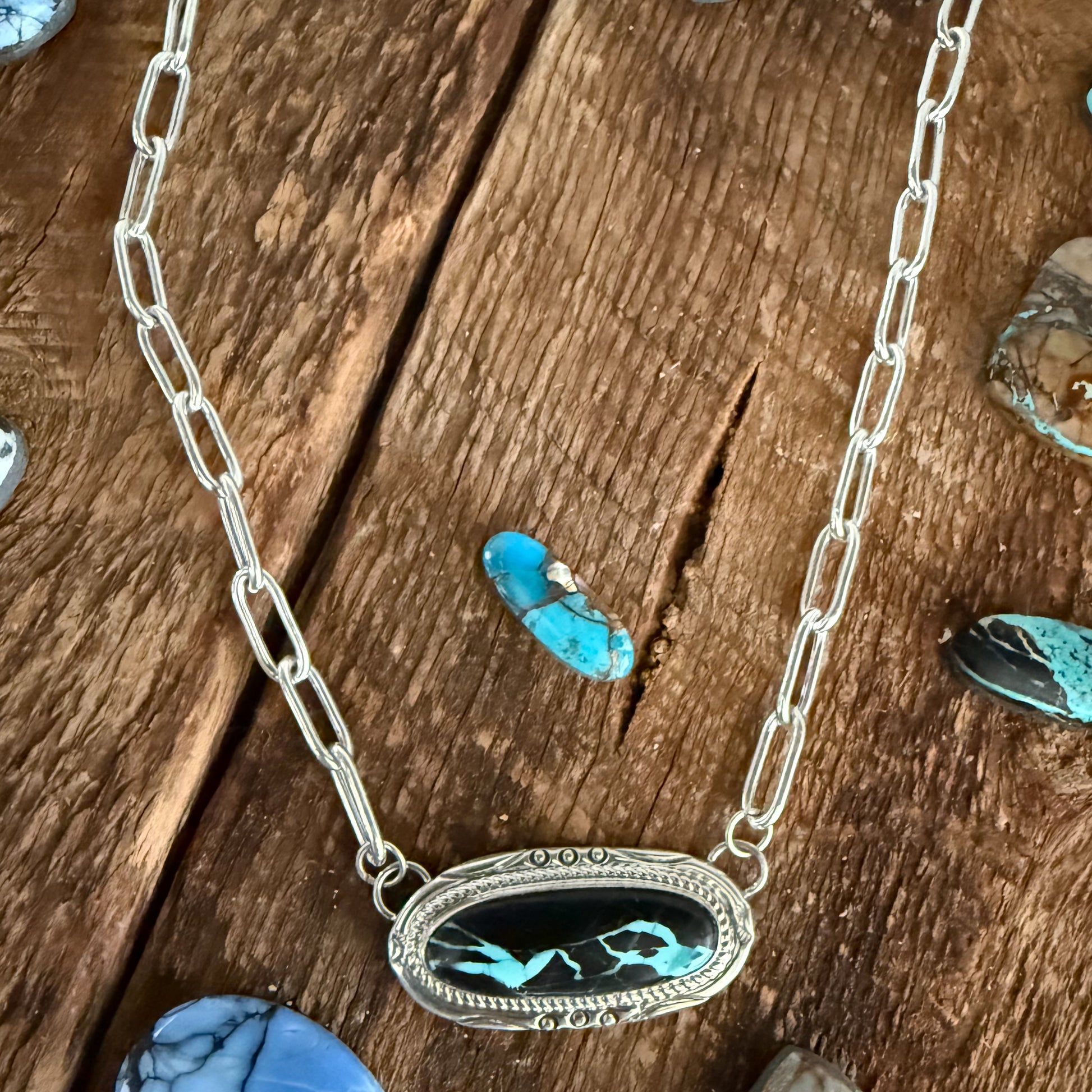 Authentic Native American Handmade Sterling Silver and Black Jack Turquoise Necklace