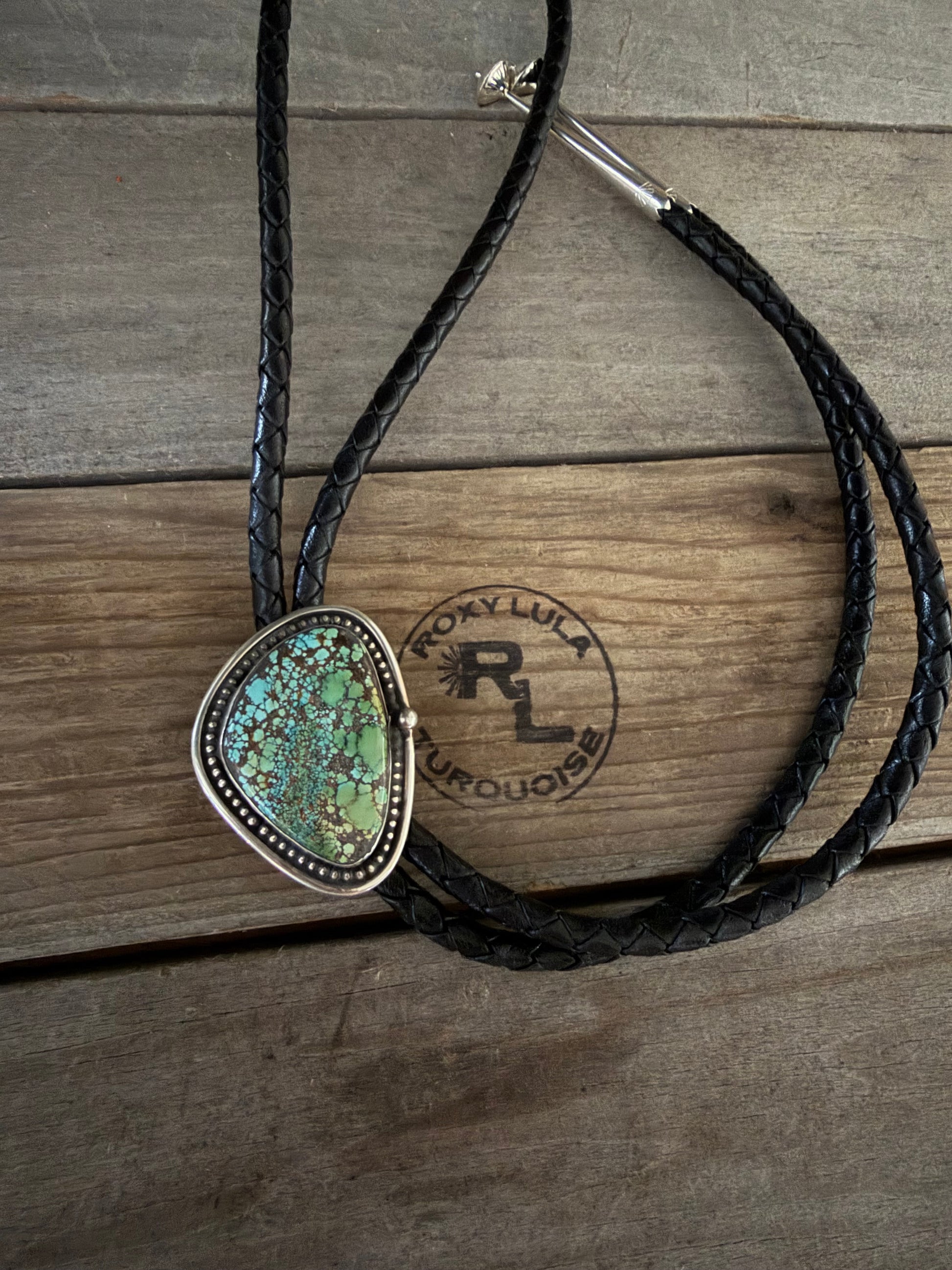 Native American Handmade Sterling Silver Hubei Turquoise Bolo Tie