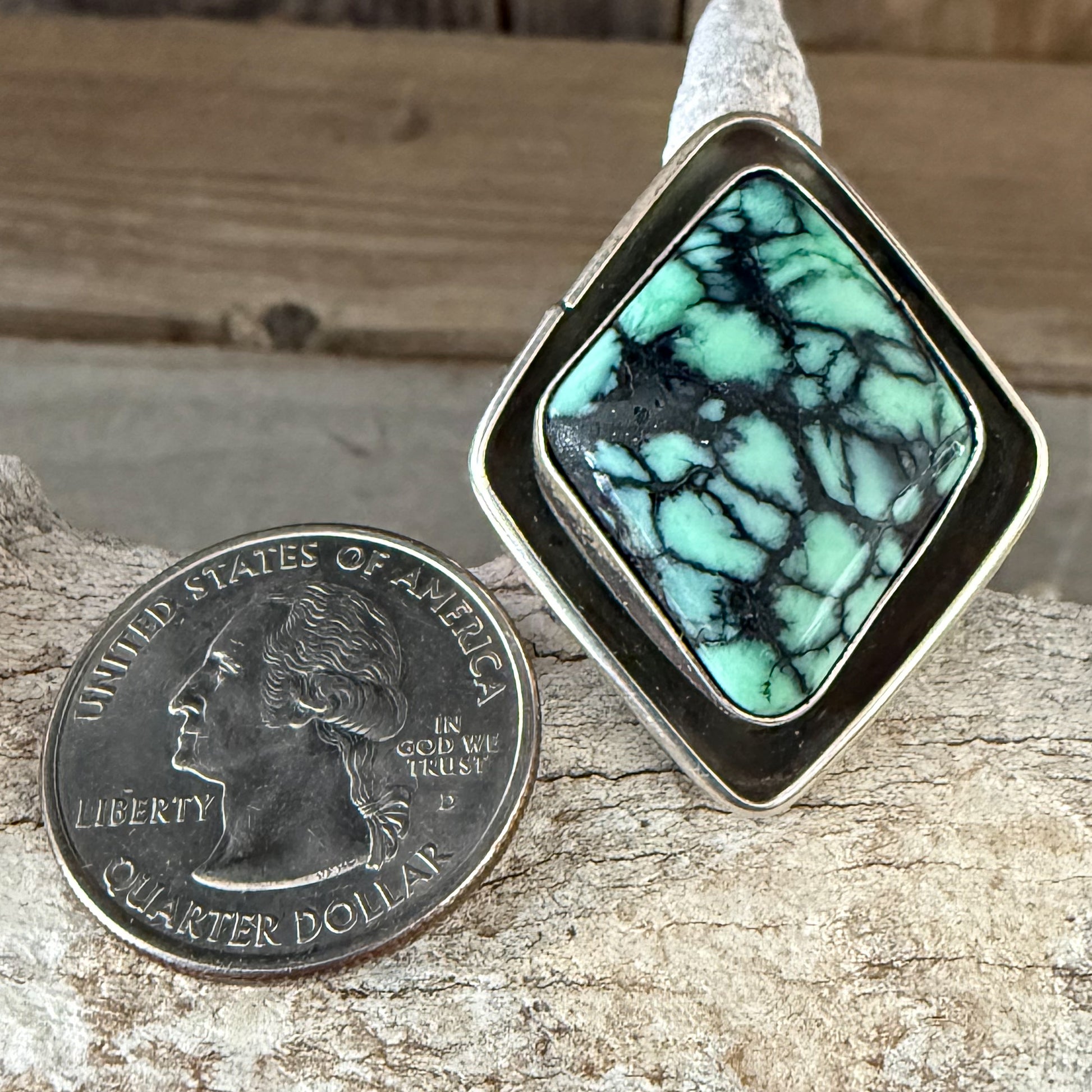 Authentic Native American Handmade Sterling Silver and Emerald Rose Variscite Adjustable Ring.