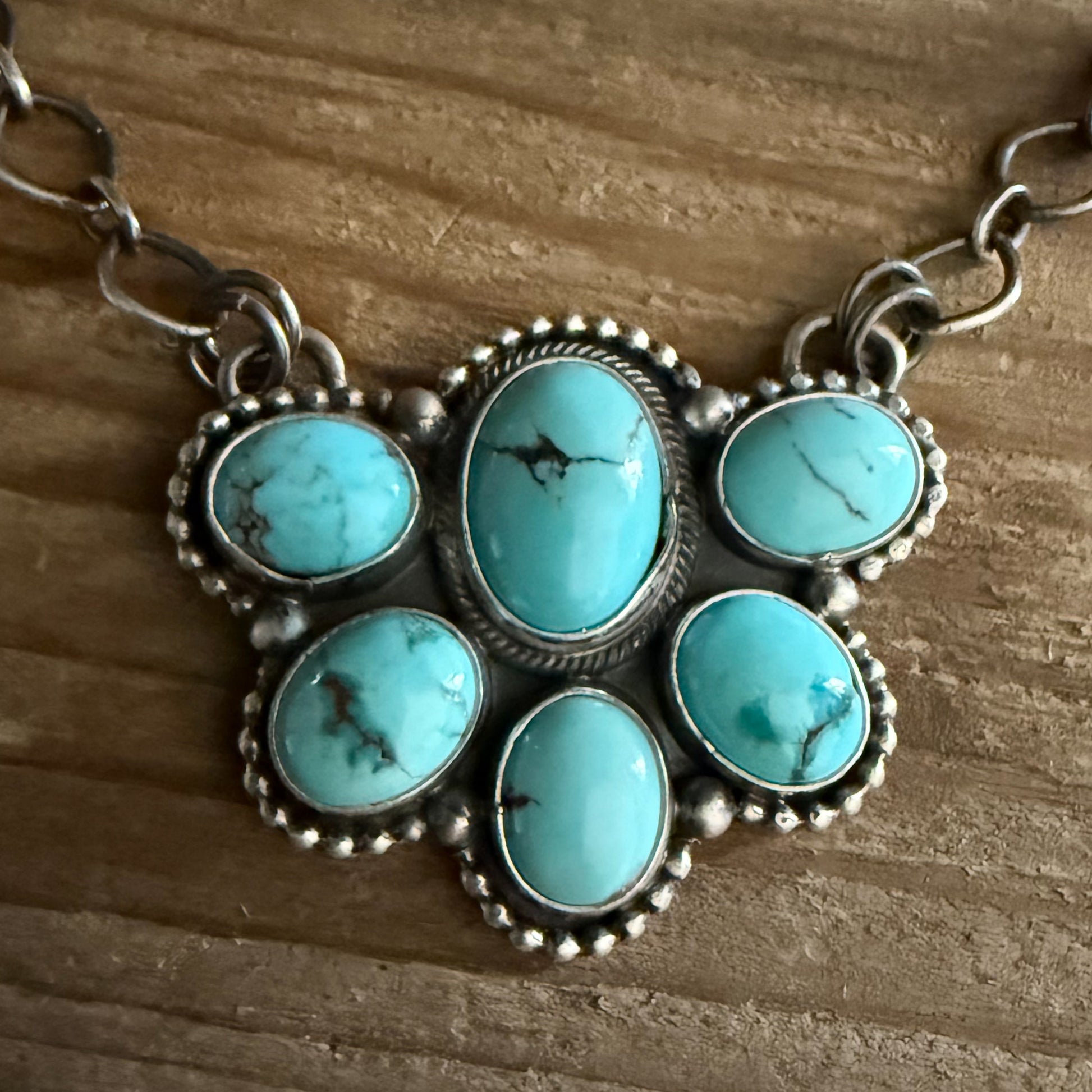 Authentic Native American Handmade Sterling Silver and Turquoise 18” Cluster Necklace