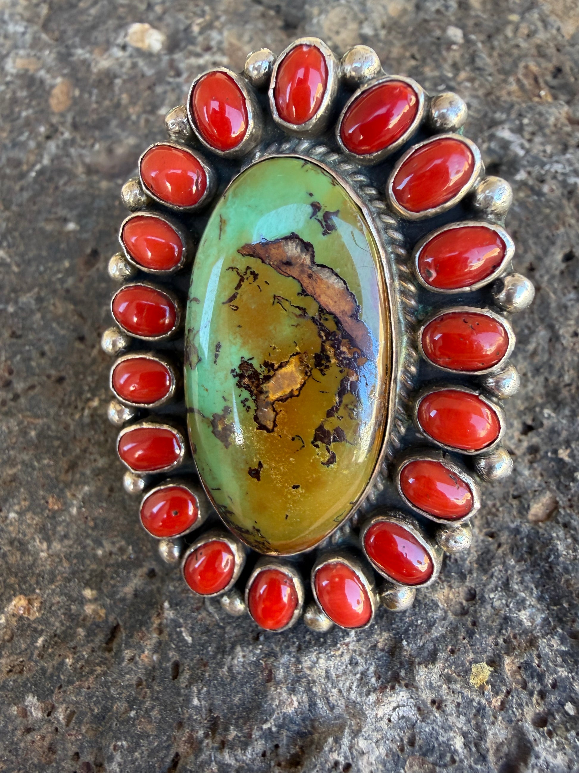 Native American Hemerson Brown Handmade Sterling Silver Coral-Royston Turquoise Ring Size 10