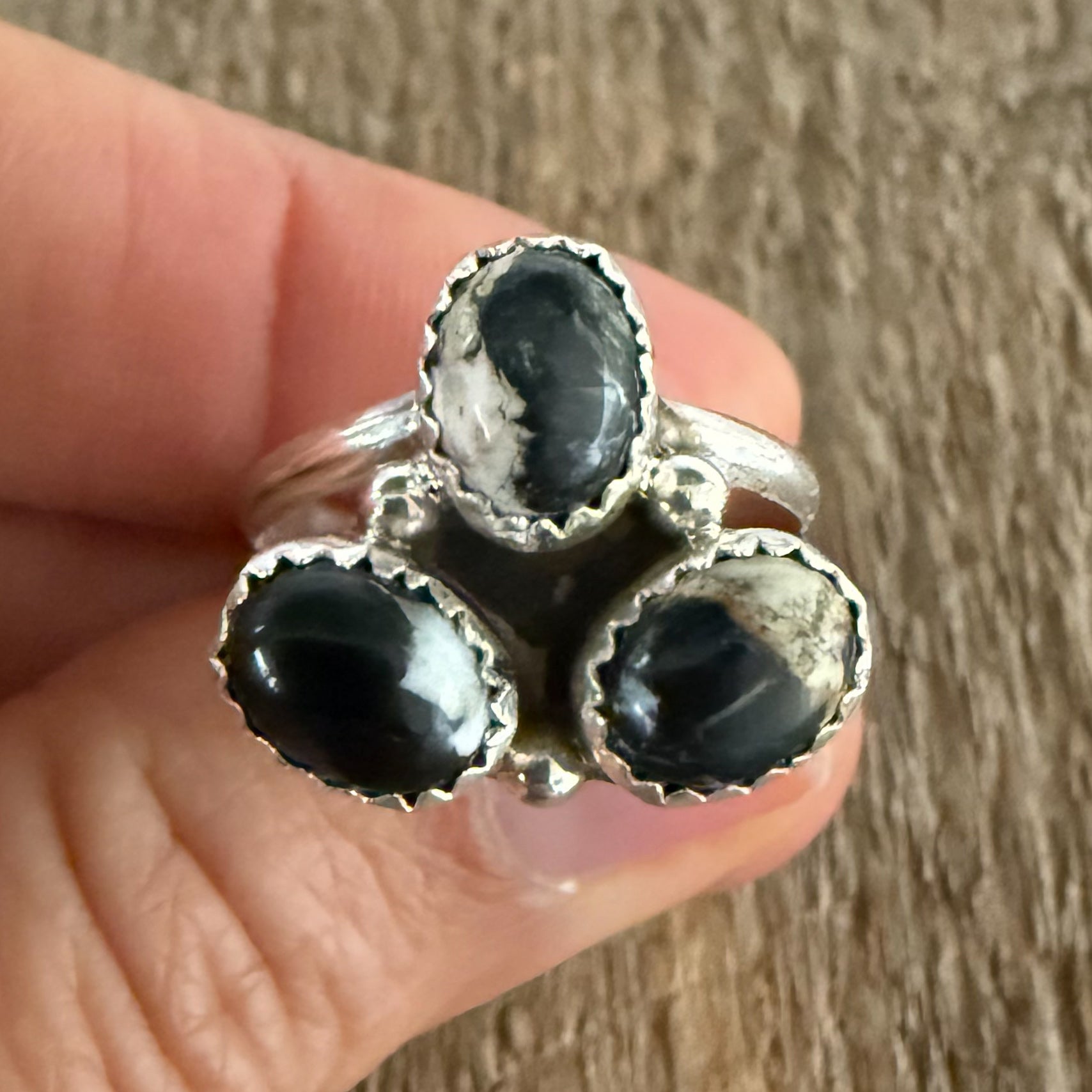 Authentic Native American Handmade Sterling Silver and White Buffalo Cluster Ring Size 8 1/4.