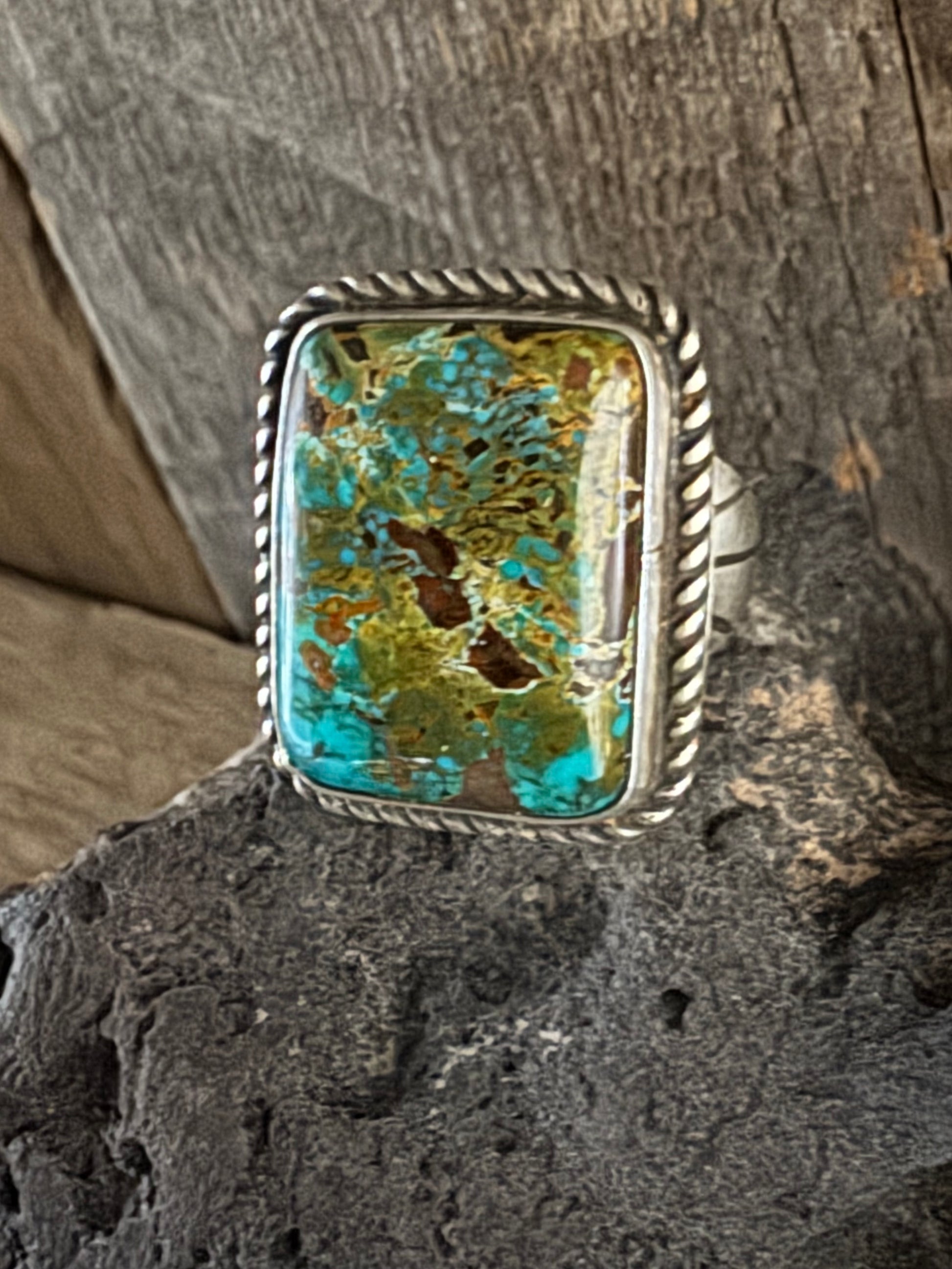 Handmade Sterling Silver Thunderbird Turquoise Ring Size 13