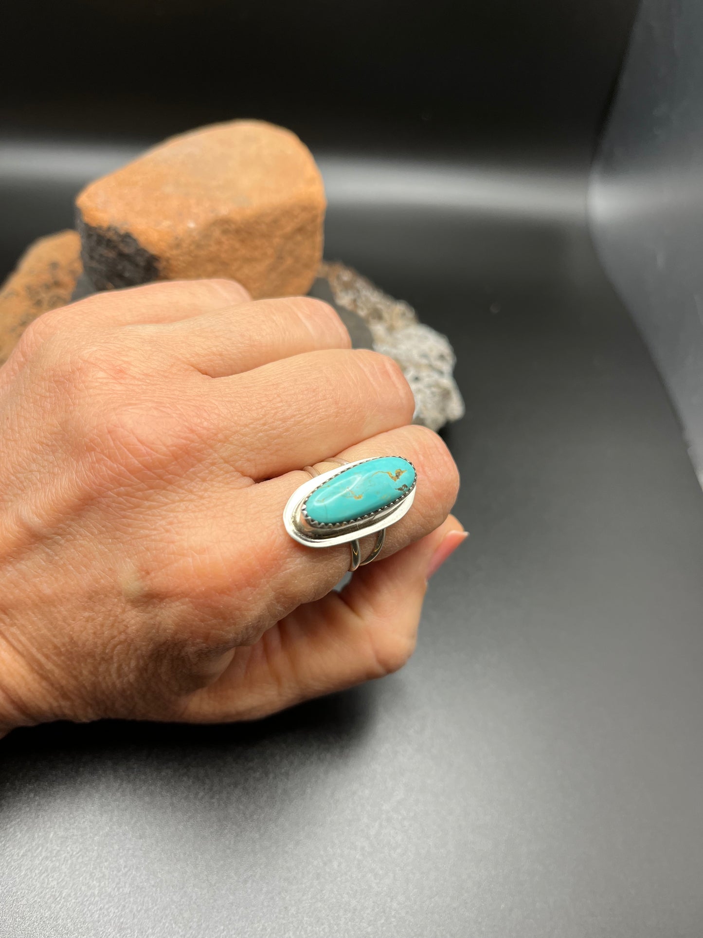 Authentic Native American Handmade Oval Turquoise Ring Size 8