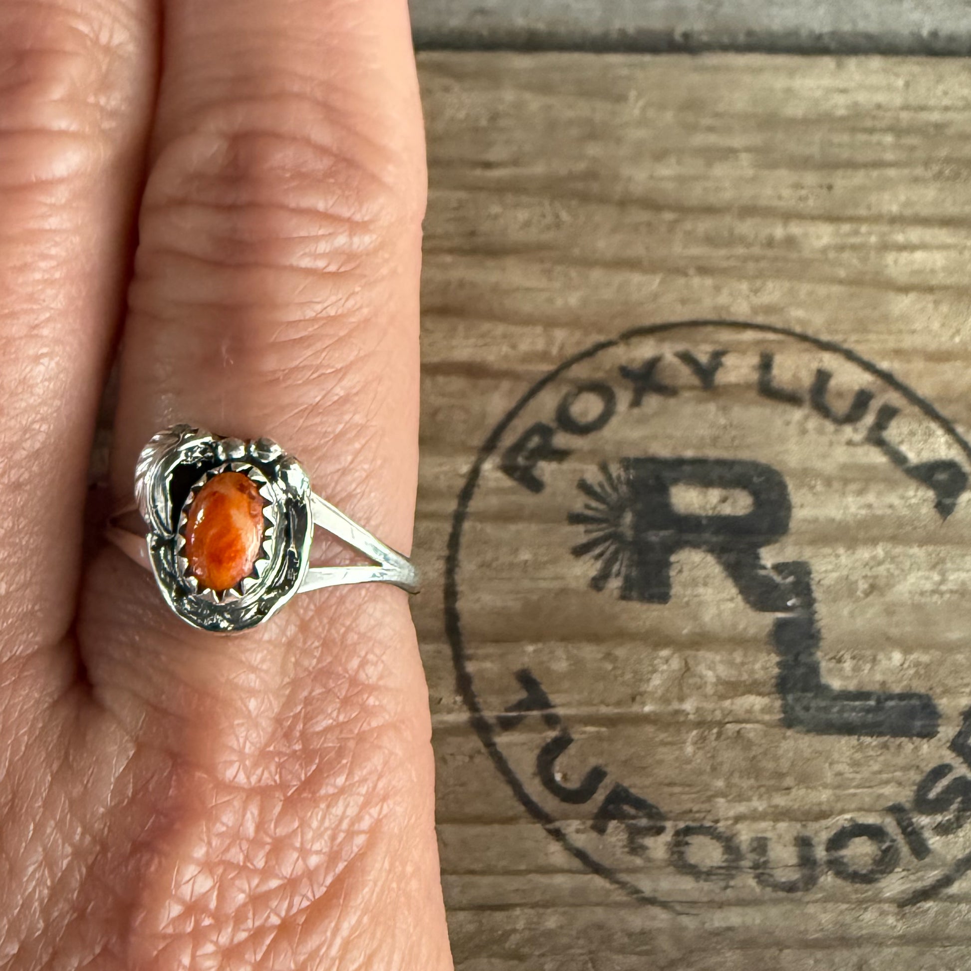 Authentic Native American Handmade Sterling Silver and Orange Spiny Oyster Ring size 9