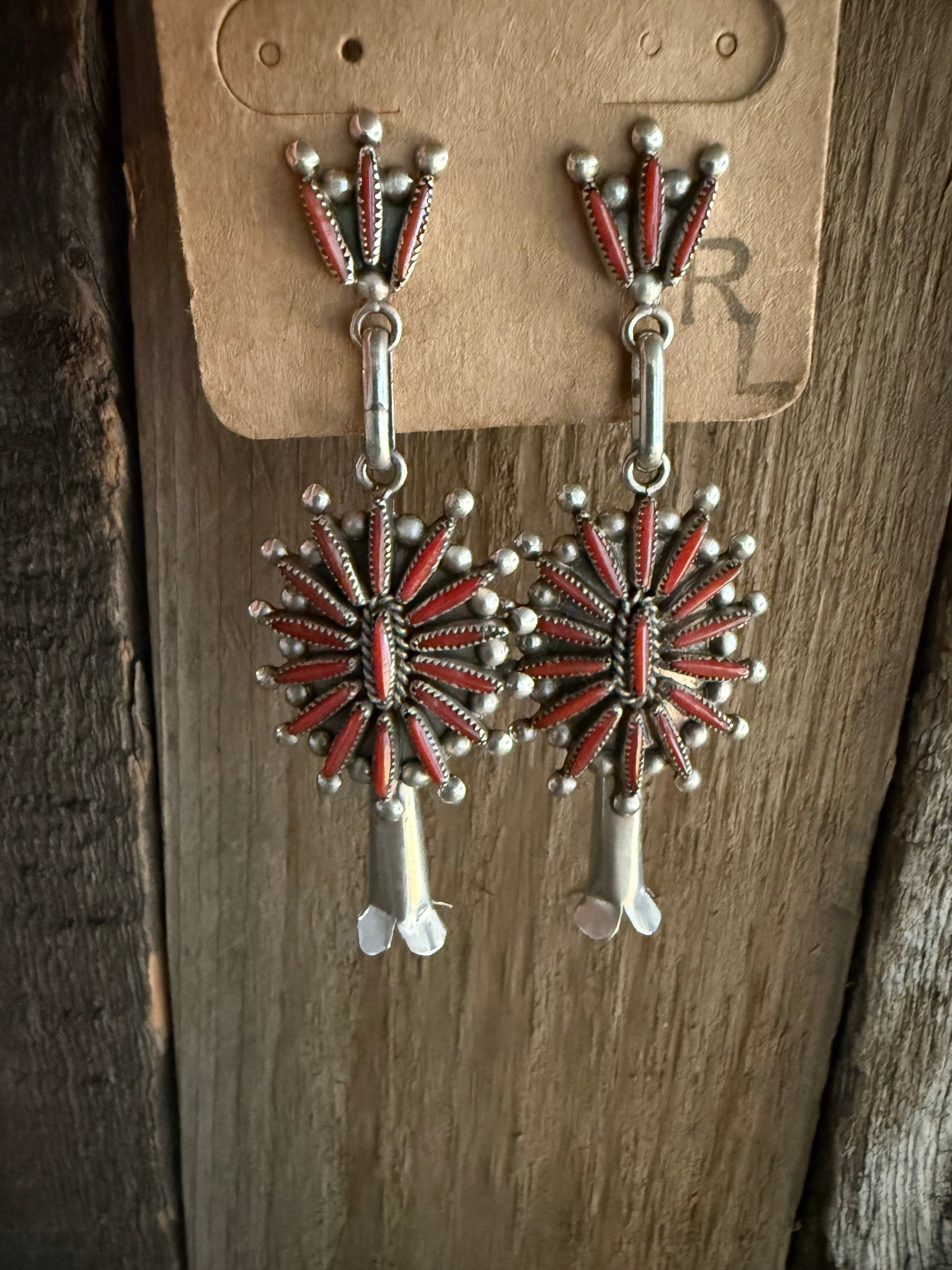Authentic Native American Handmade Coral Zuni Needlepoint Stud Dangling Earrings