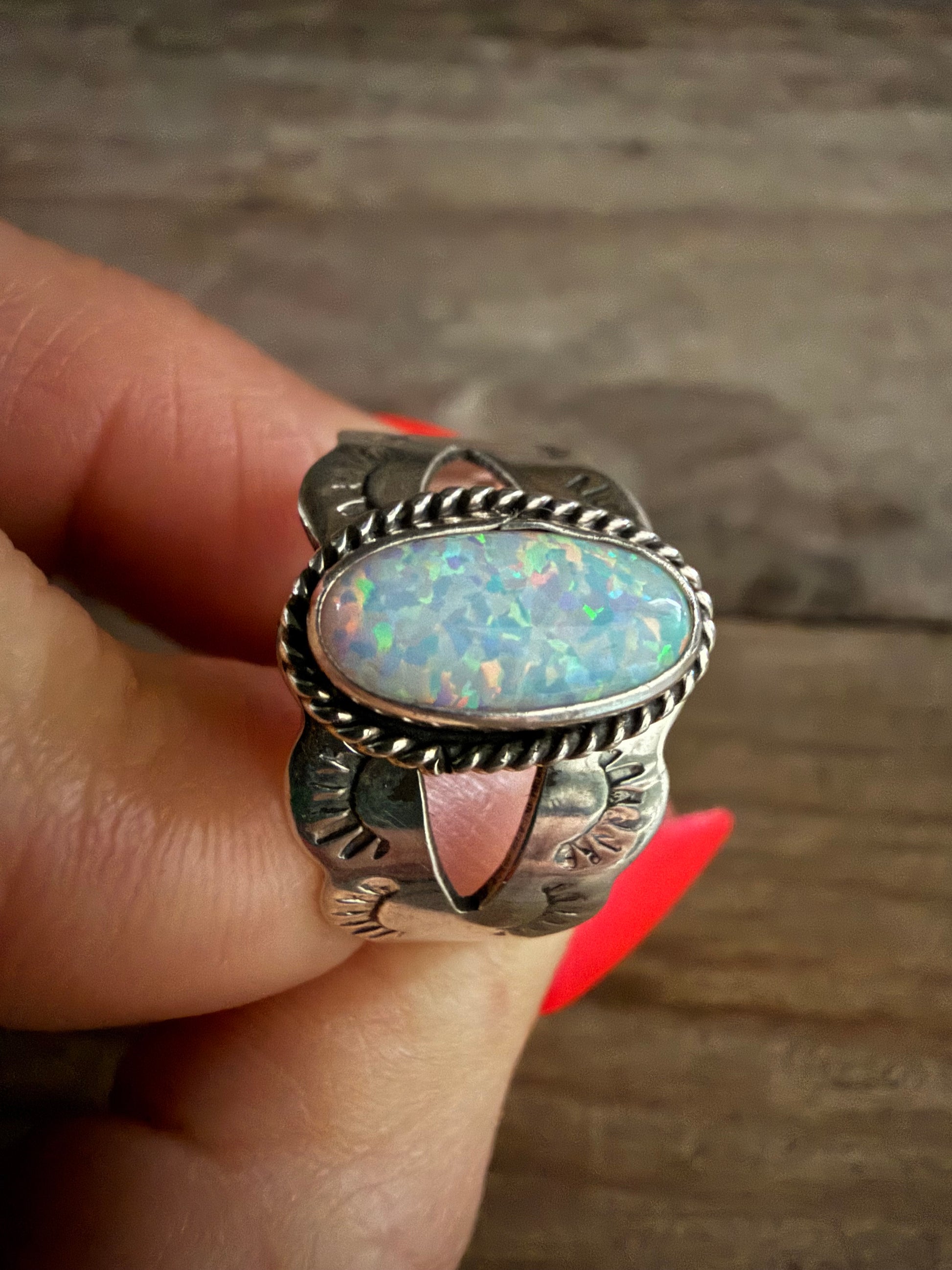 Authentic Native American Handmade Stamped Sterling Silver and Opal Ring size 10.