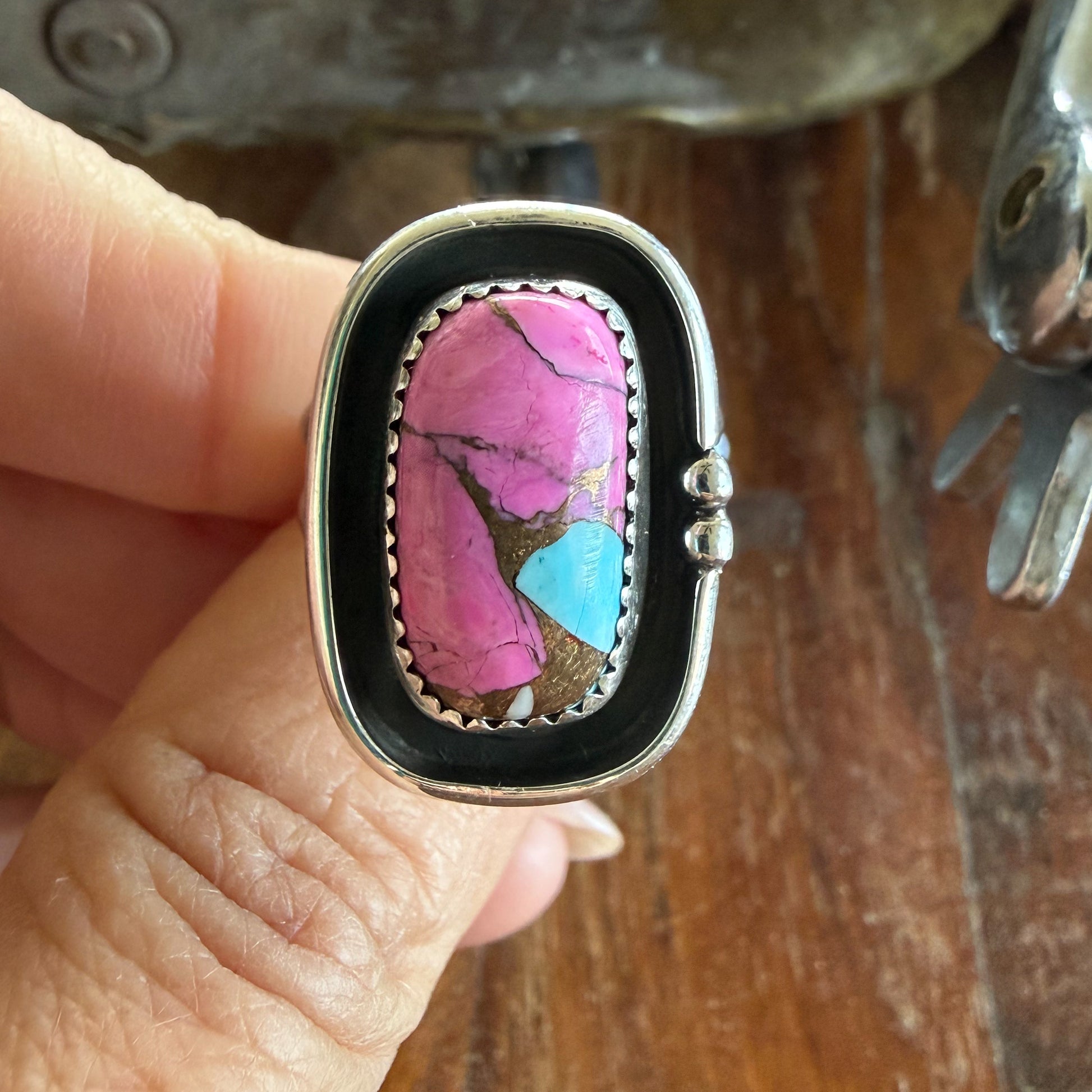 Authentic Native American Handmade Sterling Silver and Cotton Candy Ring size 8 1/4