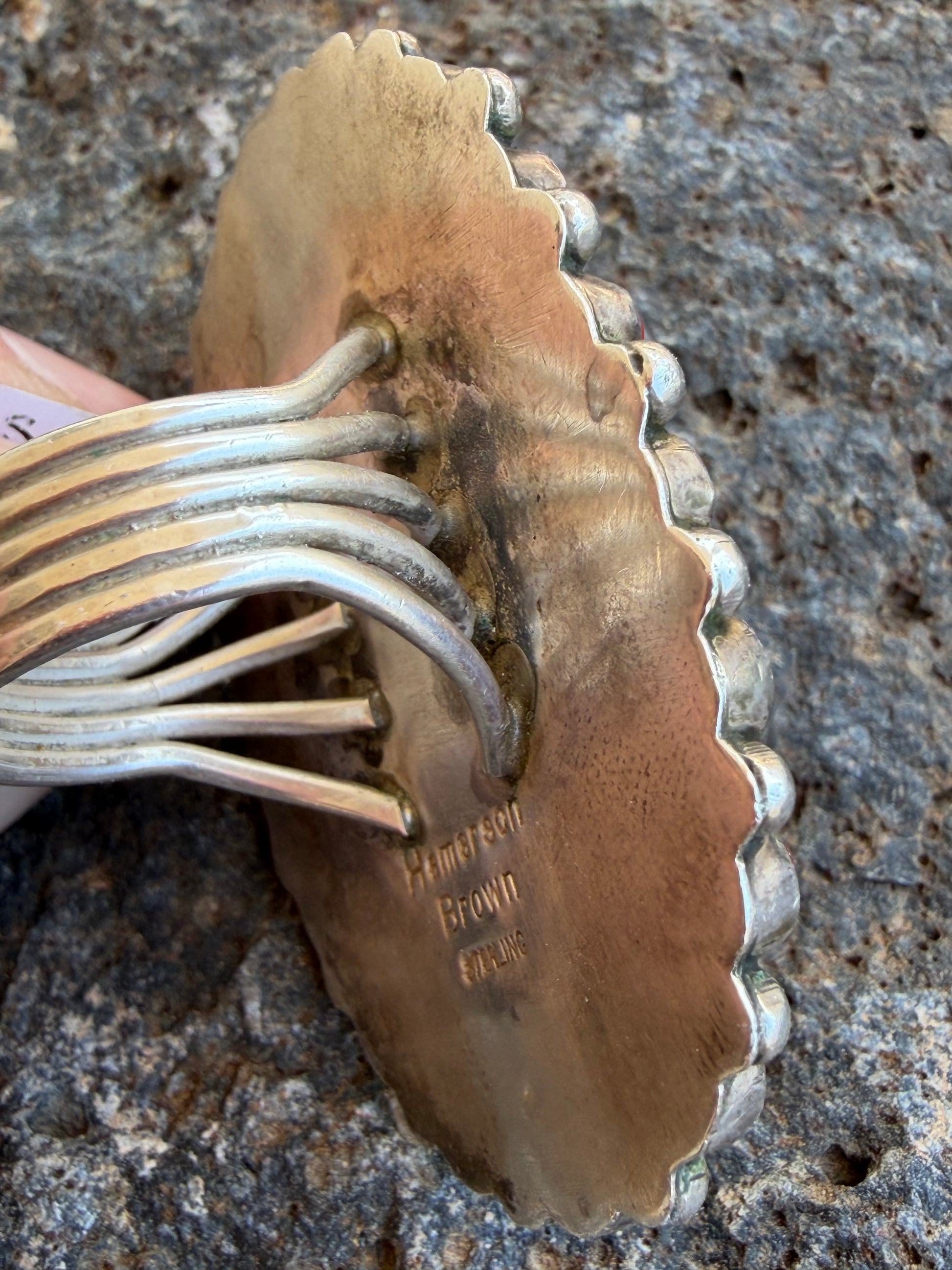 Native American Hemerson Brown Handmade Sterling Silver Coral-Royston Turquoise Ring Size 10