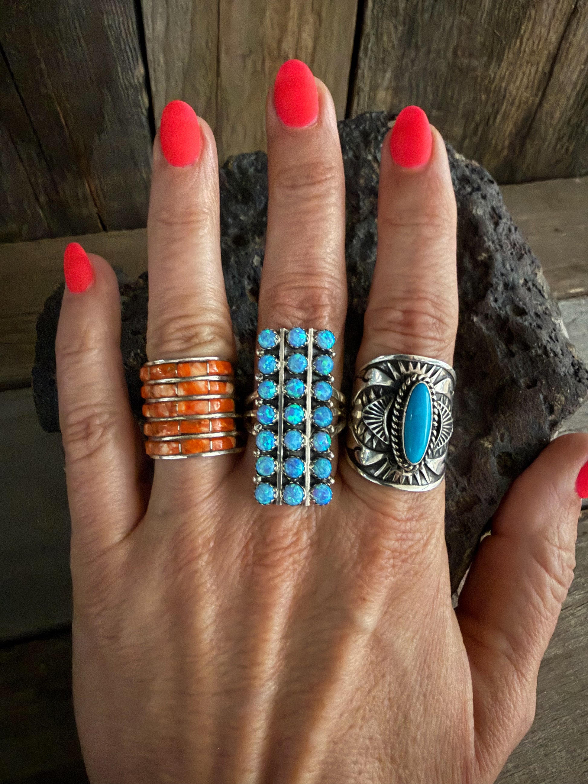 Authentic Native American Handmade Sterling Silver and Opal 7 Row Ring size 10.