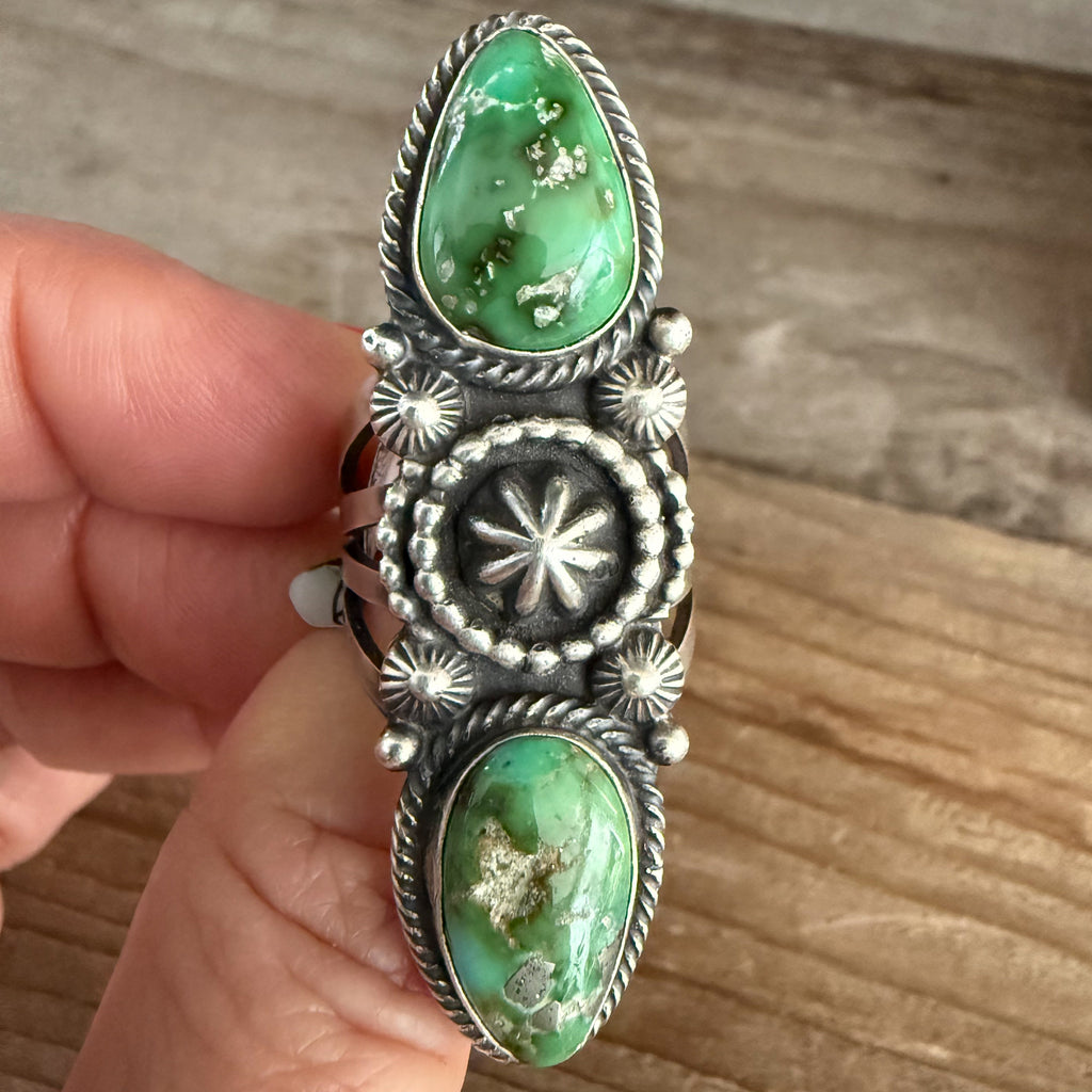 Authentic Native American Handmade Sterling Silver and Sonoran Gold Turquoise Double Stack Ring size 8 1/2.
