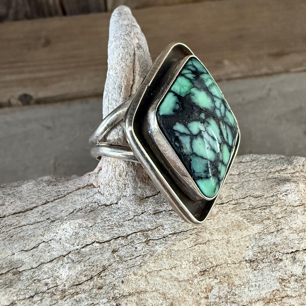 Authentic Native American Handmade Sterling Silver and Emerald Rose Variscite Adjustable Ring.