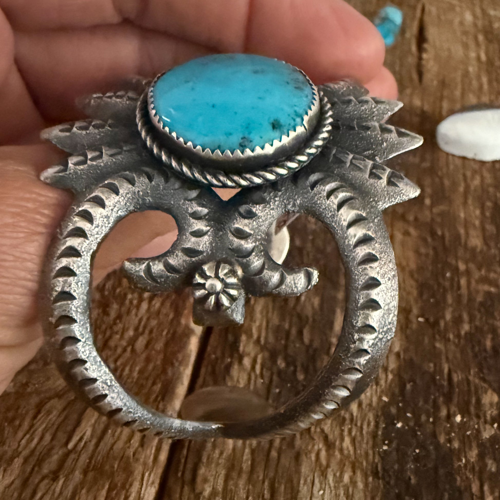 Authentic Native American Richard Yazza Tufa Cast Sterling Silver and Kingman Turquoise Cuff Bracelet