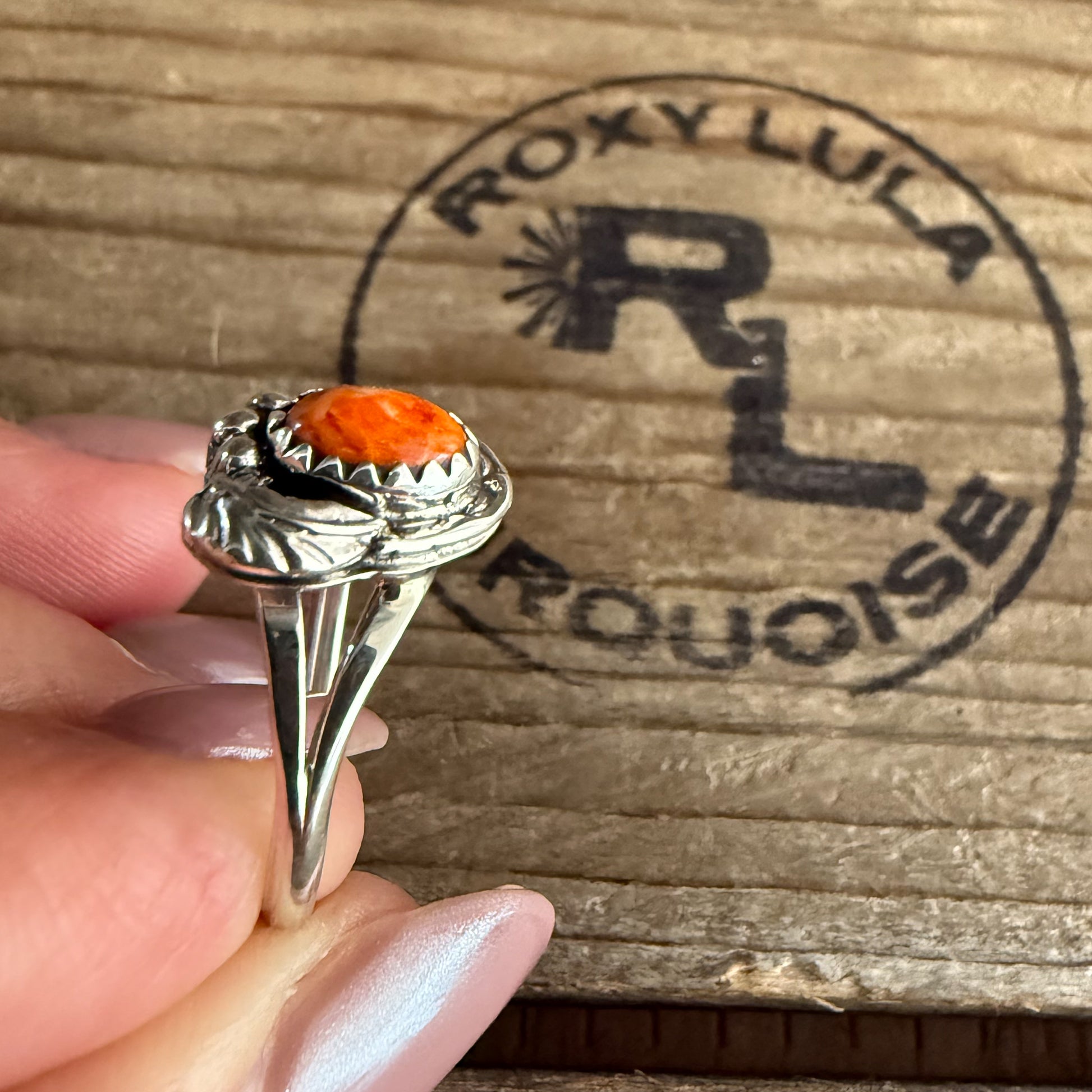 Authentic Native American Handmade Sterling Silver and Orange Spiny Oyster Ring size 9