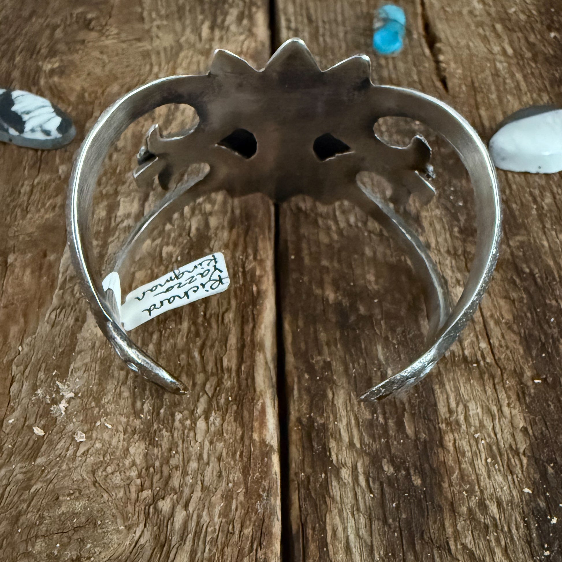 Authentic Native American Richard Yazza Tufa Cast Sterling Silver and Kingman Turquoise Cuff Bracelet