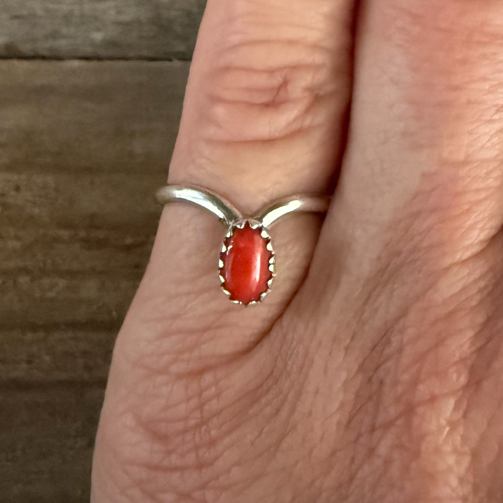 Authentic Native American Handmade Sterling Silver and Coral Ring sizes, 5, 6 1/4, and 8 1/4.