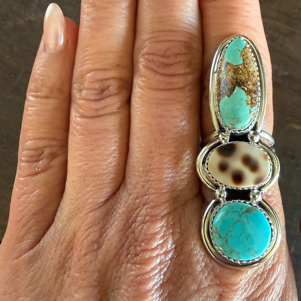 Authentic Native American Handmade Sterling Silver, Turquoise and Cowrie Shell Triple Stack Ring size 7 1/2