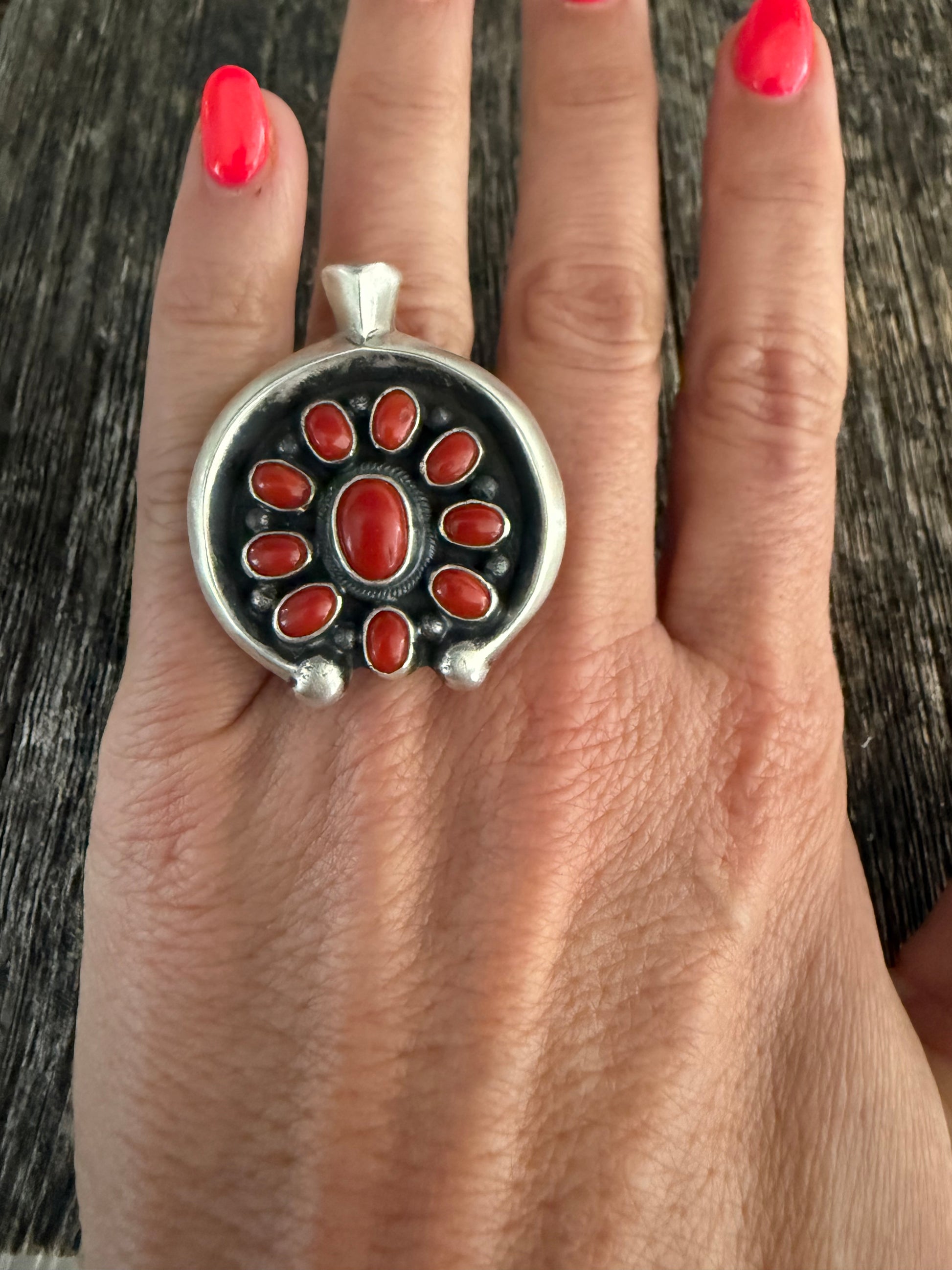 Leon Martinez Handmade Custom Silver Coral Adjustable Ring