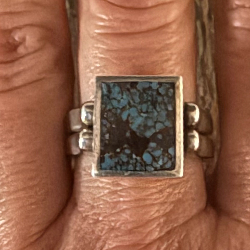 Authentic Native American Sterling Silver and Turquoise Reversible Star Stamped Ring Size 9.