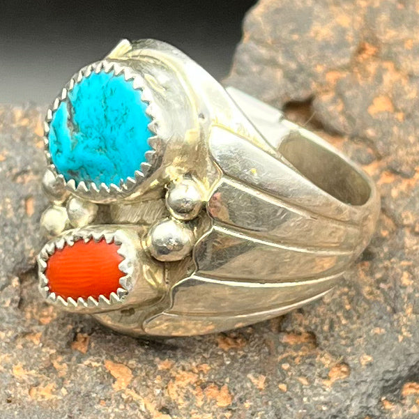 Men’s Authentic Native American Handmade Turquoise and Coral Sterling Silver Ring