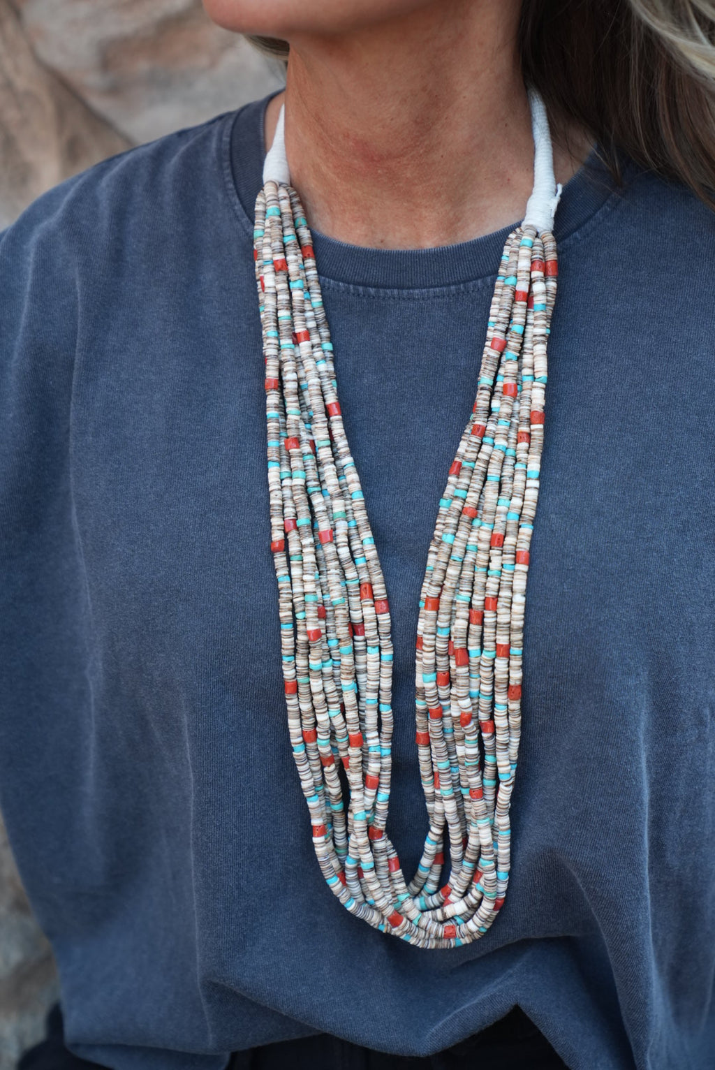 Native American Marquez Tachiini Handmade Olive Shell Heishi, Kingman,Mediterranean Coral Necklace