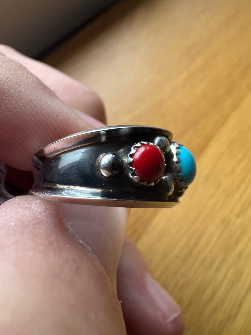 Handmade Turquoise-Coral Custom Silver Ring Size 11