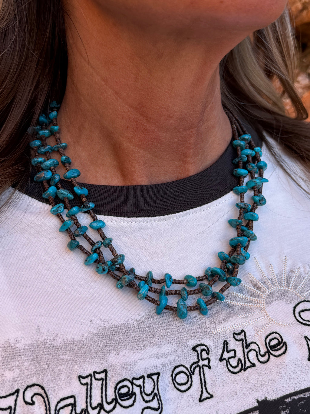 Native American Marquez Tachiini Handmade Heishi Bead Kingman Nugget 3 Strand Necklace