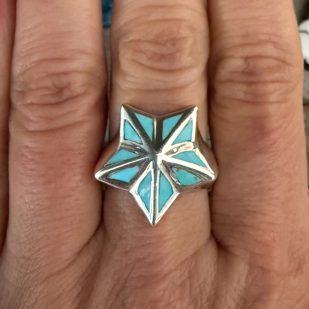 Authentic Native American Handmade Sterling Silver and Turquoise Inlay Star Ring size 9.