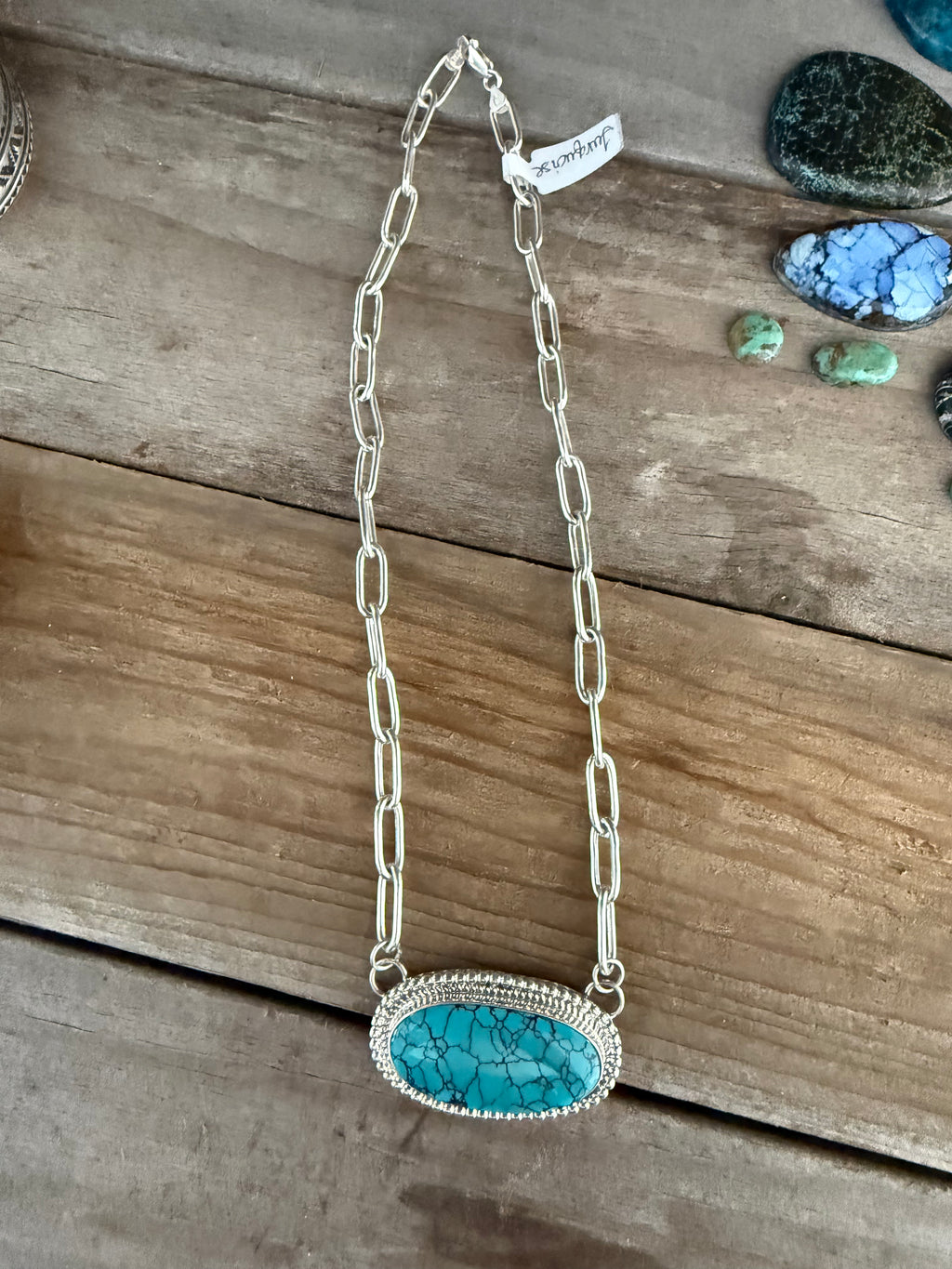 Authentic Native American Handmade Sterling Silver and Turquoise Paper Clip Chain 16”Necklace.