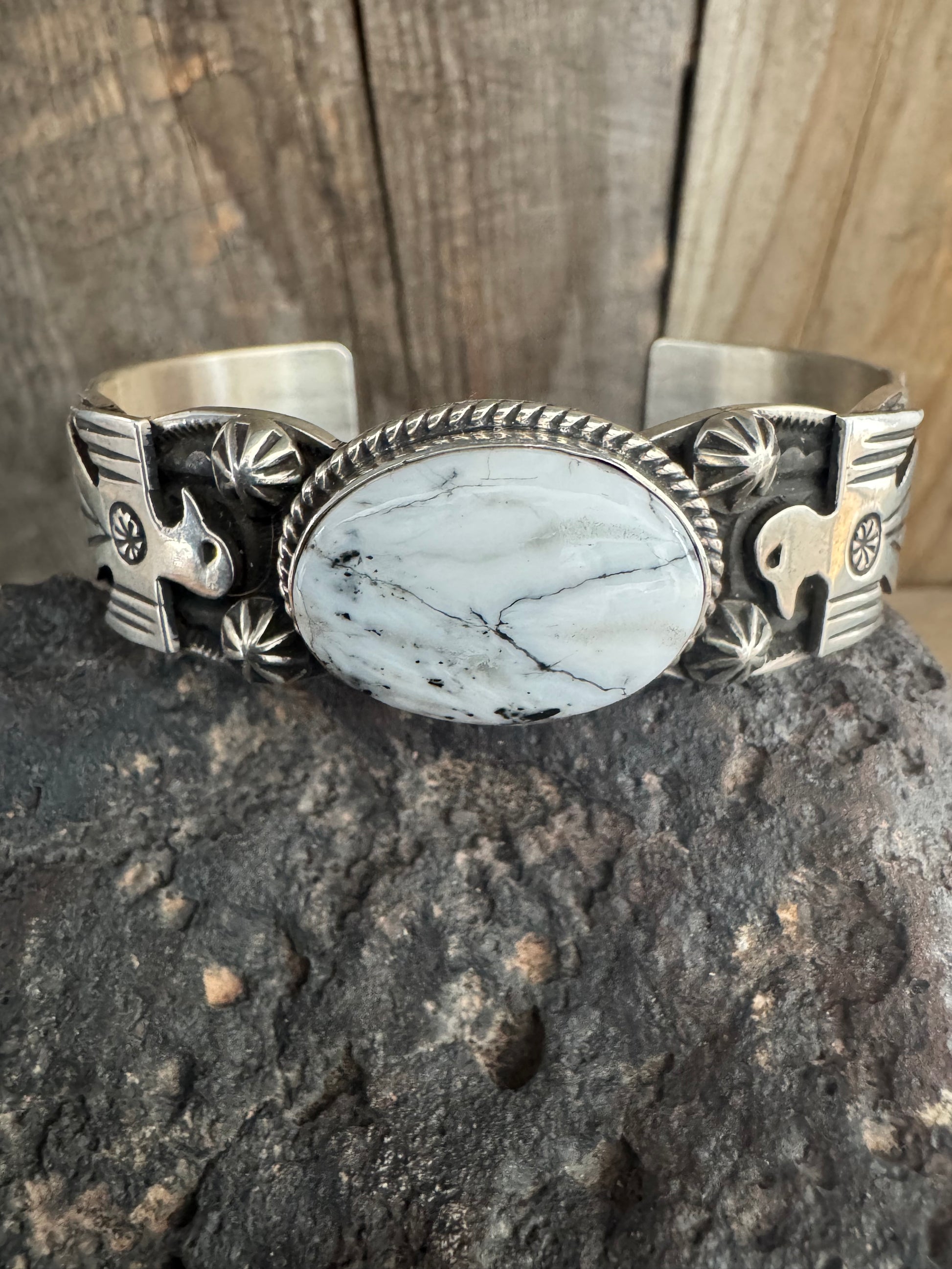 Handmade White Buffalo Sterling Silver Cuff-Bracelet