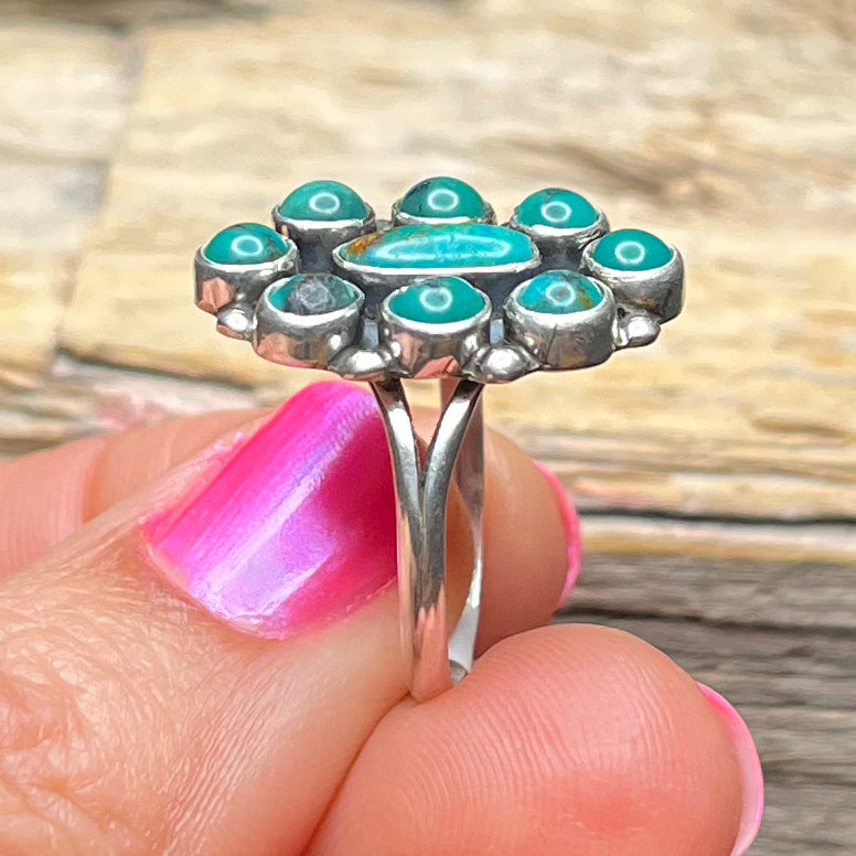Authentic Native American Handmade Sterling Silver Turquoise Flower Cluster Ring Size 8 1/4.