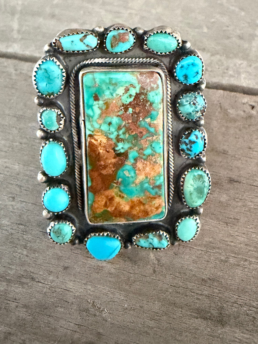 Native American Handmade Custom Silver Large Cluster Turquoise (Adjustable)