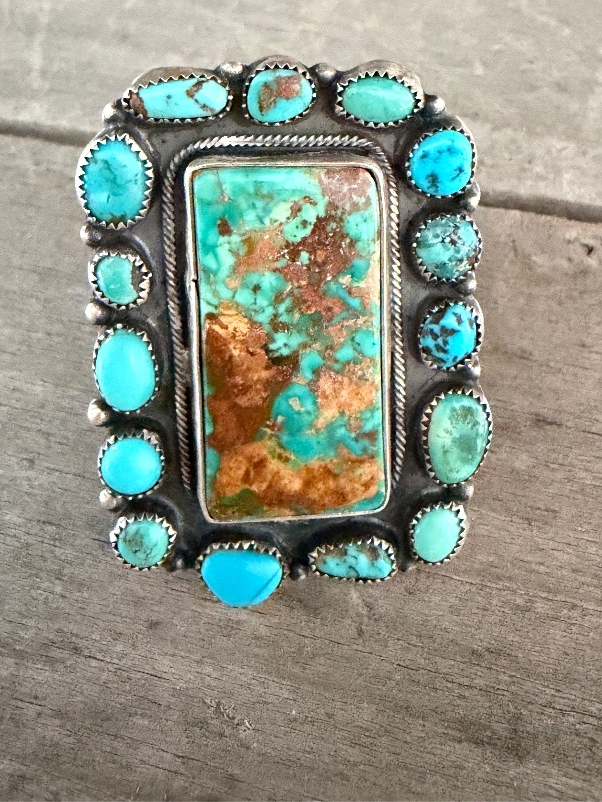 Native American Handmade Custom Silver Large Cluster Turquoise (Adjustable)