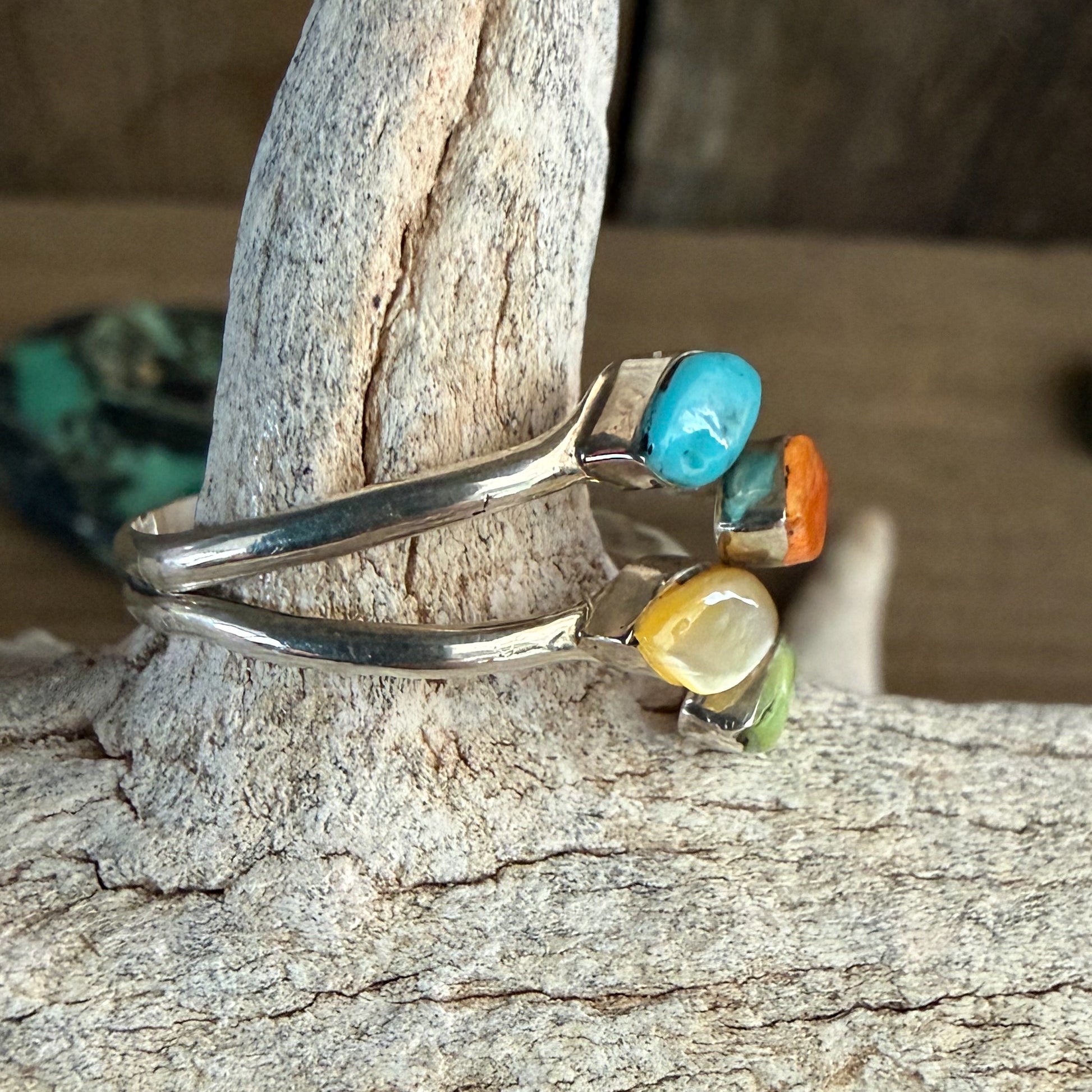 Authentic Native American Handmade Sterling Silver Adjustable Ring with Turquoise, Spiny Oyster,Serpetine, and Chrysoprase.