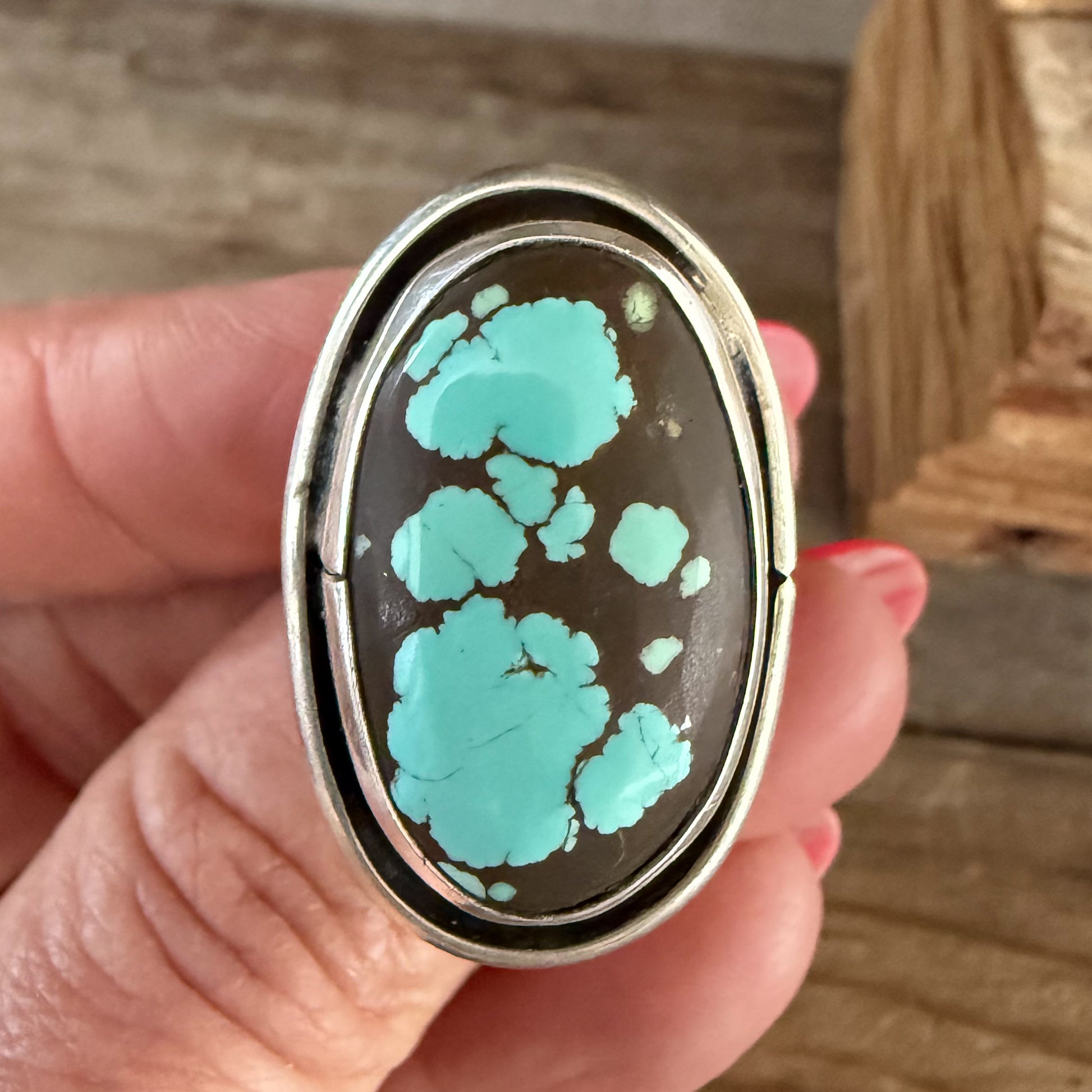 Authentic Native American Handmade Sterling Silver and Number 8 Turquoise Ring size 8.