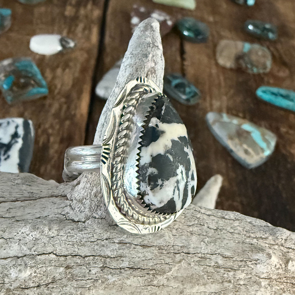 Authentic Native American Handmade Sterling Silver and White Buffalo Adjustable Ring