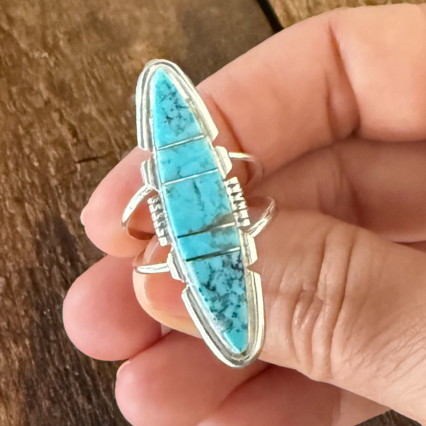 Authentic Native American Handmade Sterling Silver and Turquoise Inlay Ring