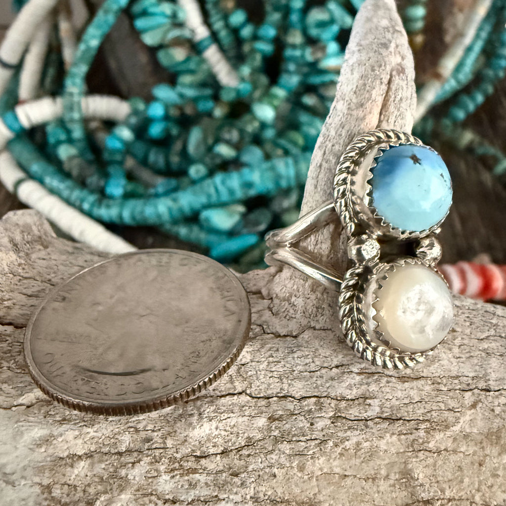 Authentic Native American Handmade Sterling Silver, Golden Hills Turquoise, and Moonstone Ring size 7 1/2.