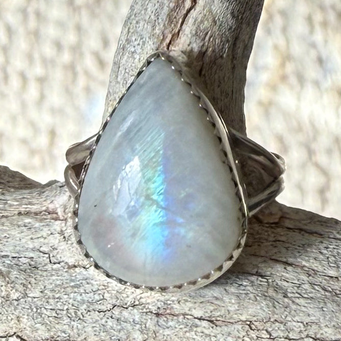 Authentic Native American Handmade Sterling Silver and Moonstone Ring Size 7 1/2.