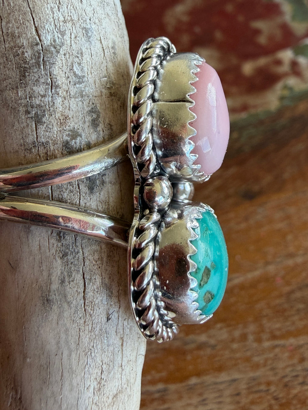 Native American Handmade Pink Conch-Turquoise Sterling Double Stack Ring