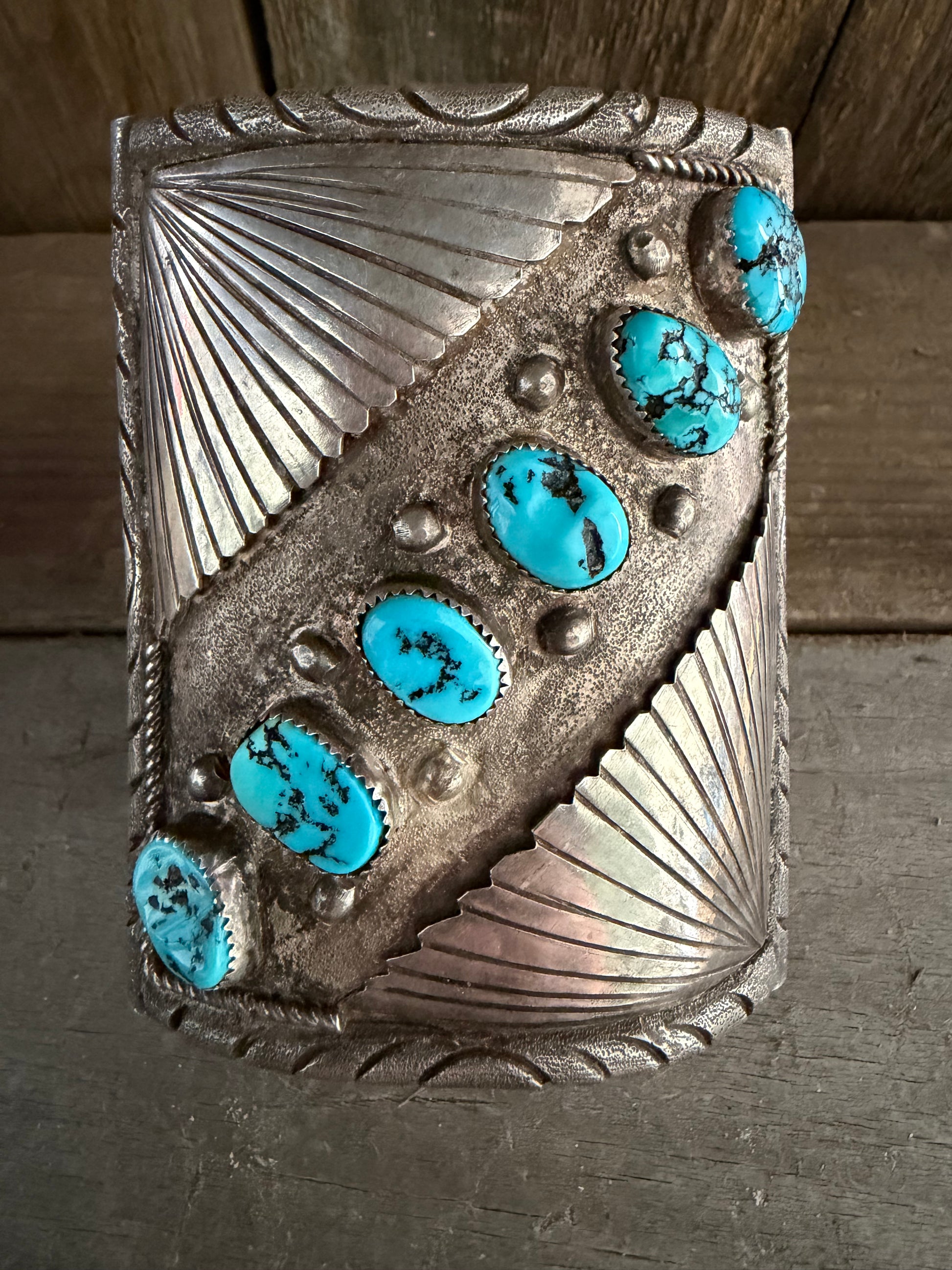 Native American Vintage Handmade Mens Leather- Sterling Silver Cuff Sleeping Beauty Turquoise